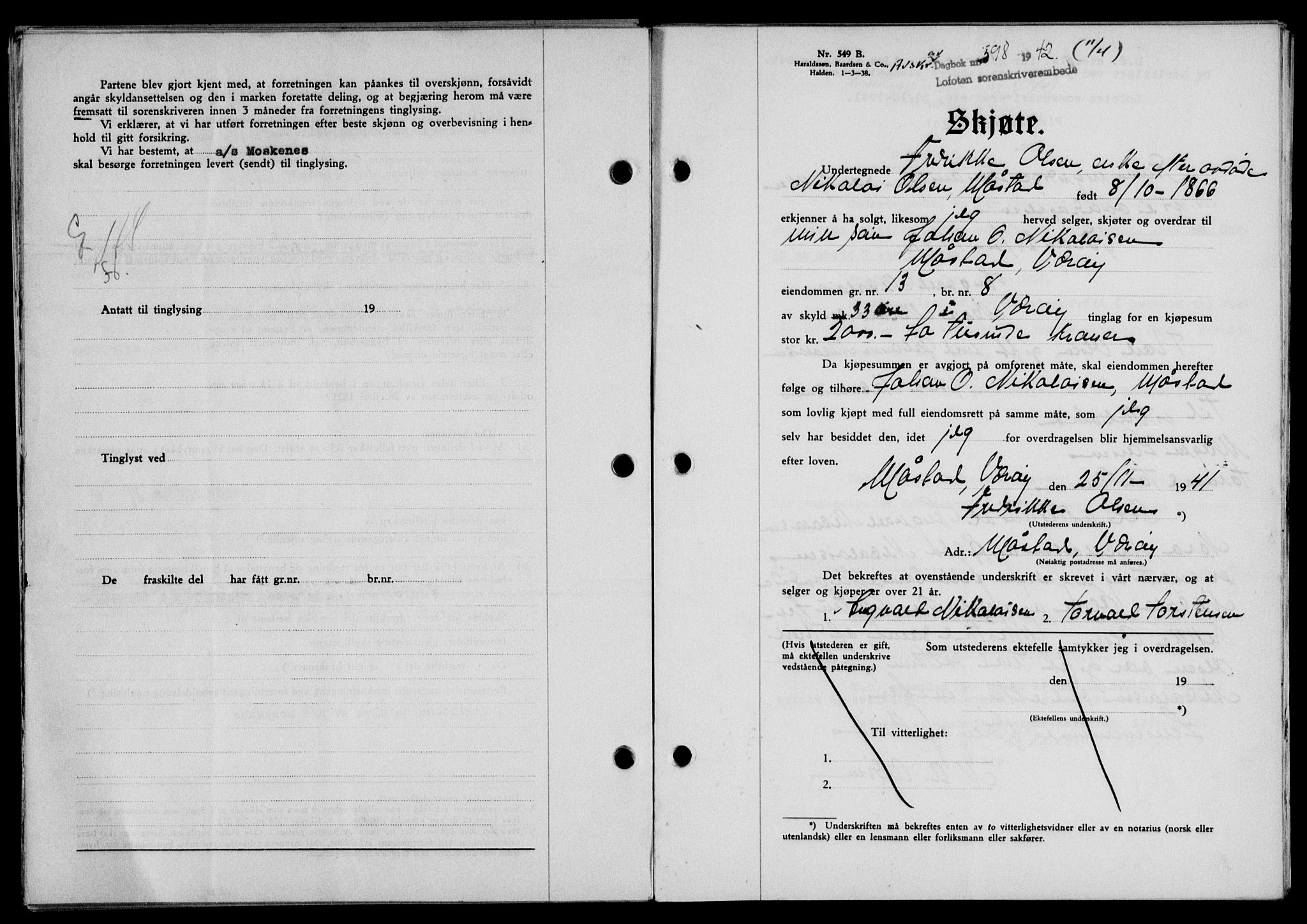 Lofoten sorenskriveri, SAT/A-0017/1/2/2C/L0009a: Mortgage book no. 9a, 1941-1942, Diary no: : 598/1942