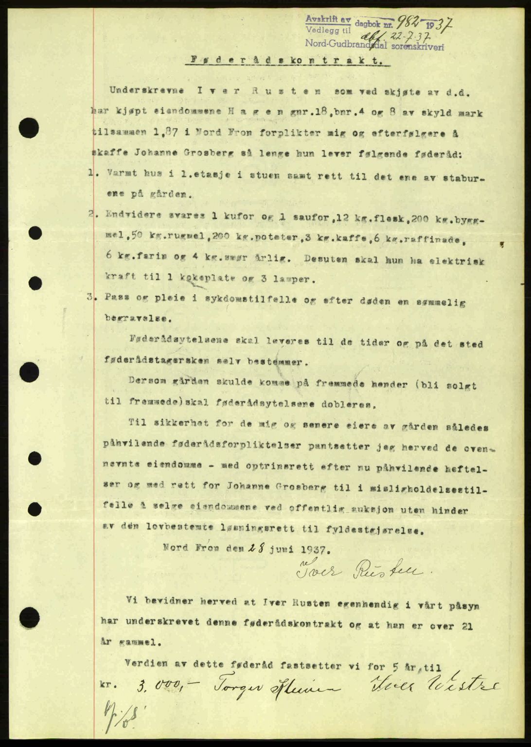 Nord-Gudbrandsdal tingrett, SAH/TING-002/H/Hb/Hbc/L0001: Mortgage book no. B47-B49, 1936-1939, Diary no: : 982/1937