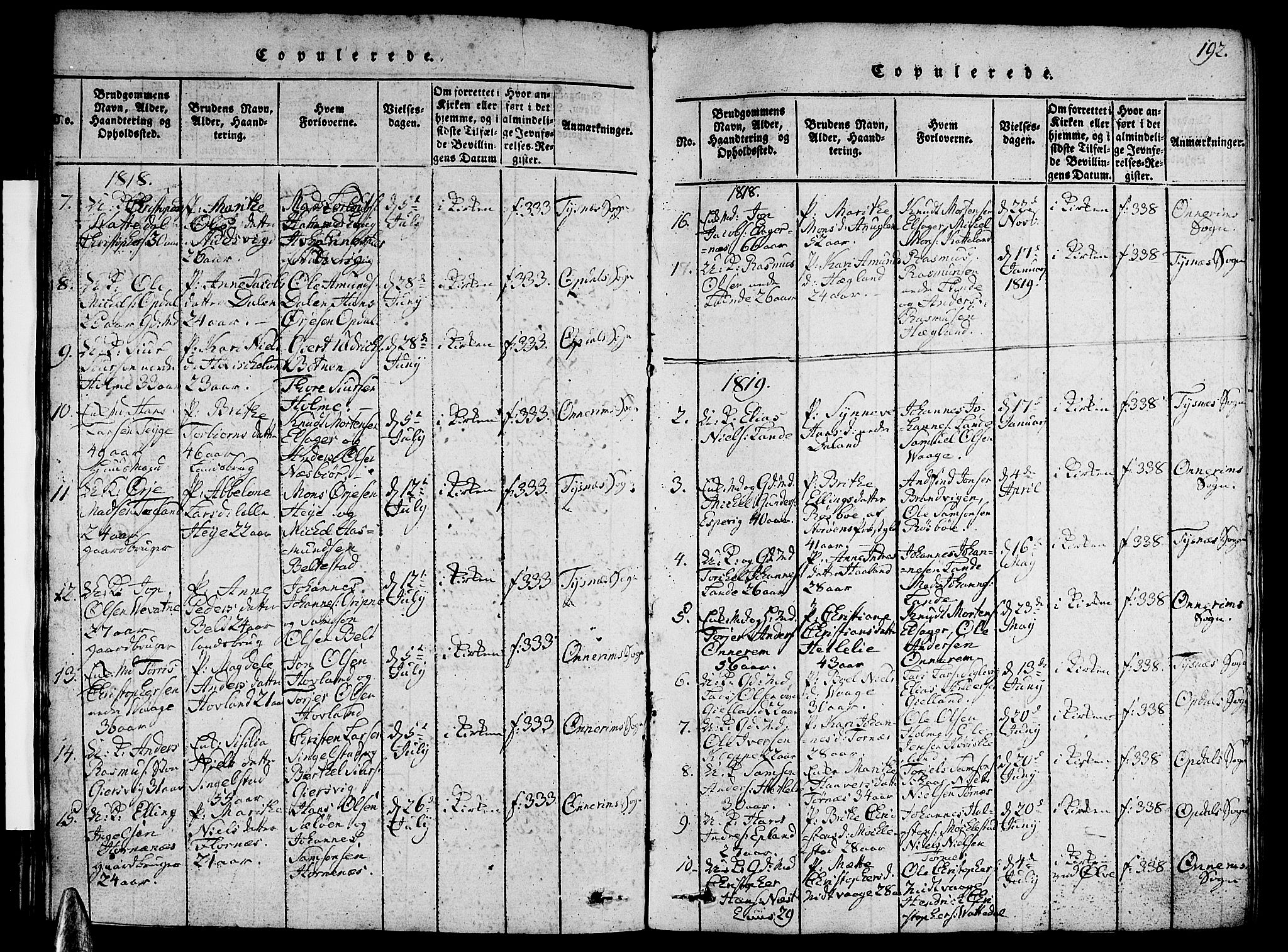 Tysnes sokneprestembete, SAB/A-78601/H/Hab: Parish register (copy) no. A 1, 1816-1828, p. 192
