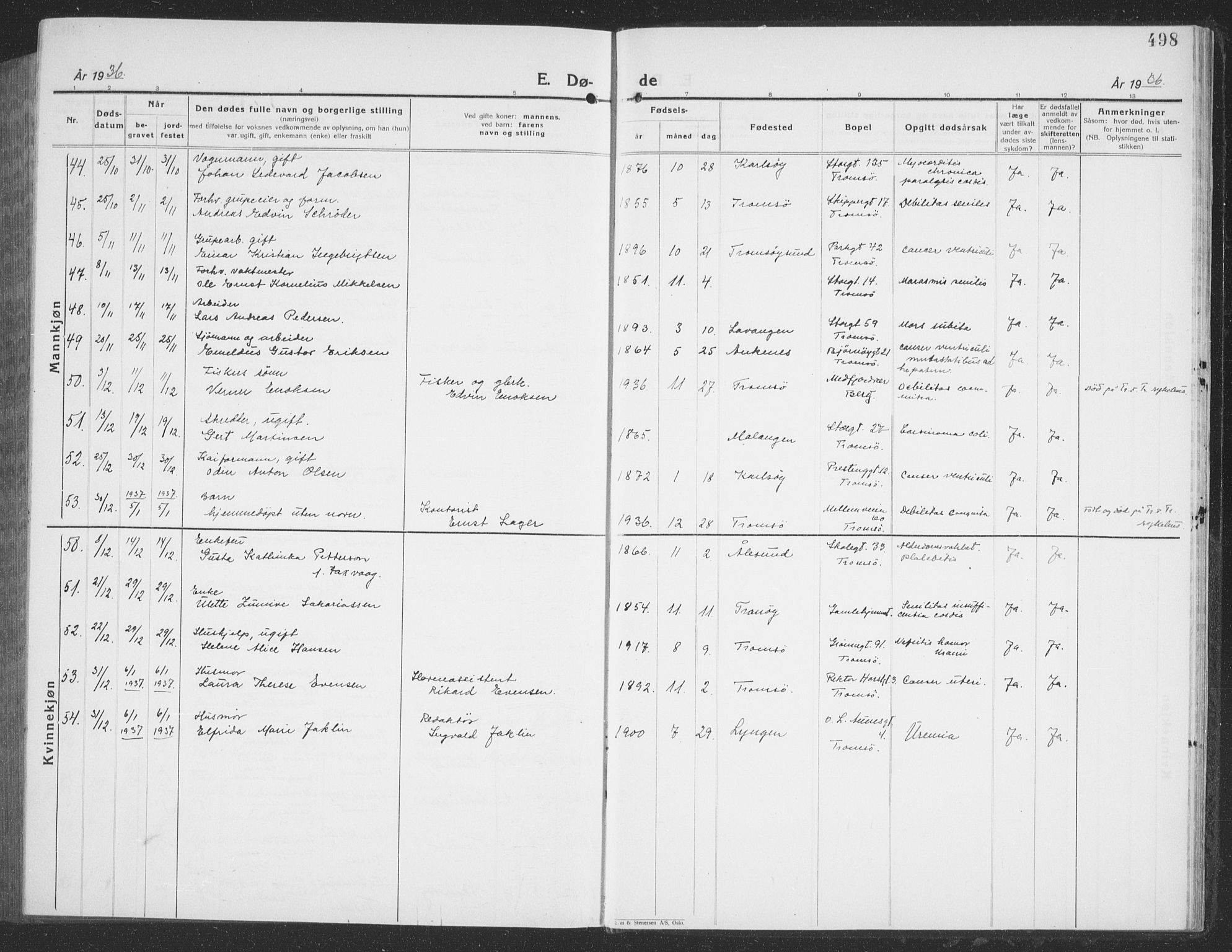 Tromsø sokneprestkontor/stiftsprosti/domprosti, AV/SATØ-S-1343/G/Gb/L0010klokker: Parish register (copy) no. 10, 1925-1937, p. 498