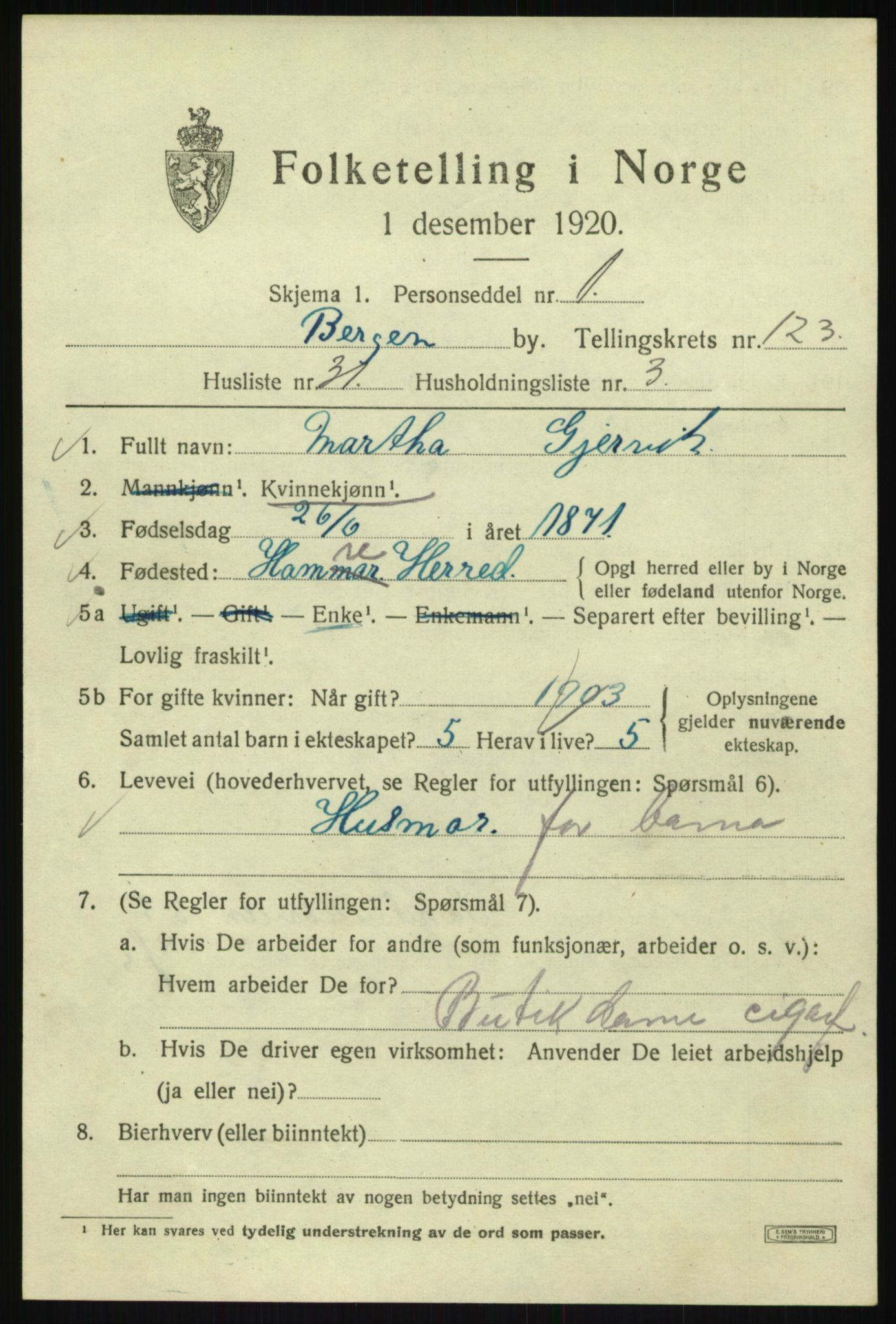 SAB, 1920 census for Bergen, 1920, p. 208466