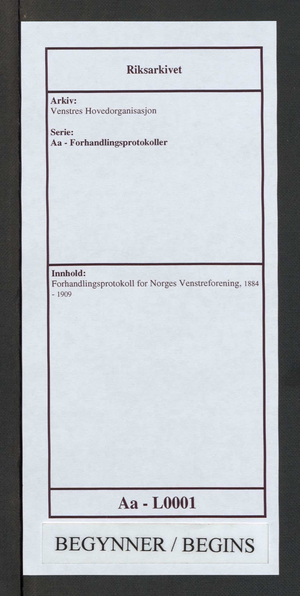 Venstres Hovedorganisasjon, AV/RA-PA-0876/Aa/L0001: Forhandlingsprotokoll for Norges Venstreforening, 1884-1909, p. 1