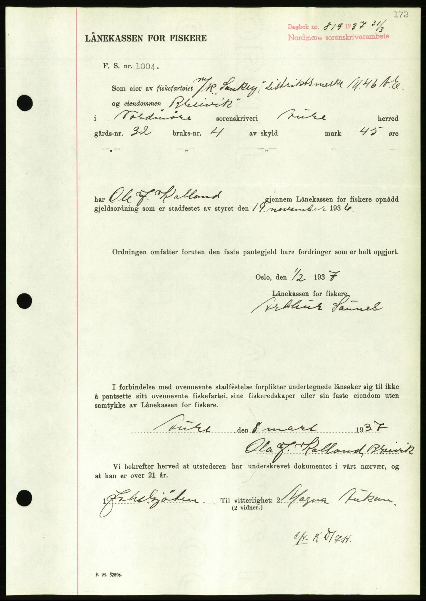 Nordmøre sorenskriveri, AV/SAT-A-4132/1/2/2Ca/L0091: Mortgage book no. B81, 1937-1937, Diary no: : 819/1937