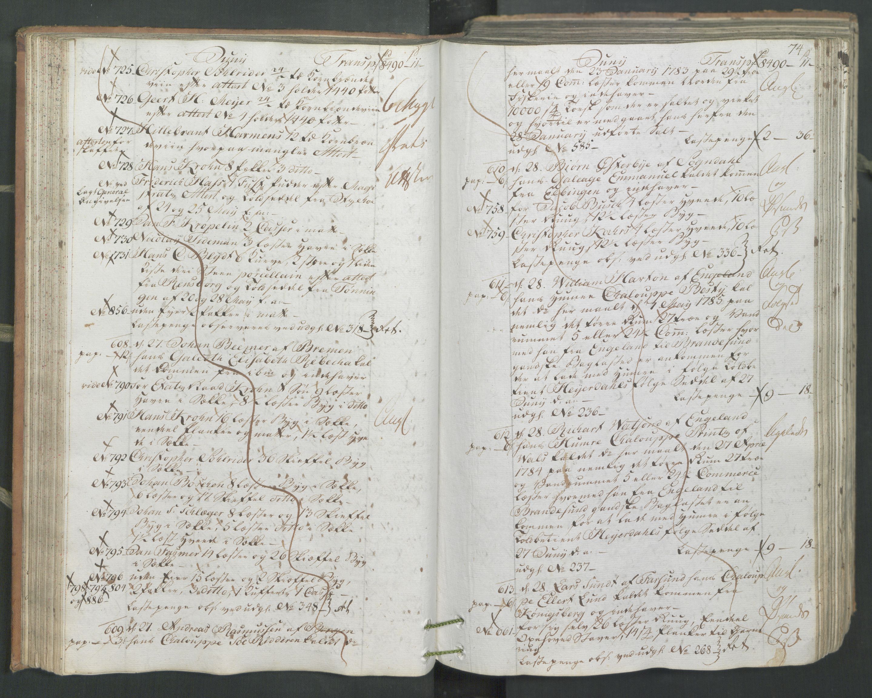 Generaltollkammeret, tollregnskaper, AV/RA-EA-5490/R26/L0222/0001: Tollregnskaper Bergen A / Inngående hovedtollbok, 1786, p. 73b-74a