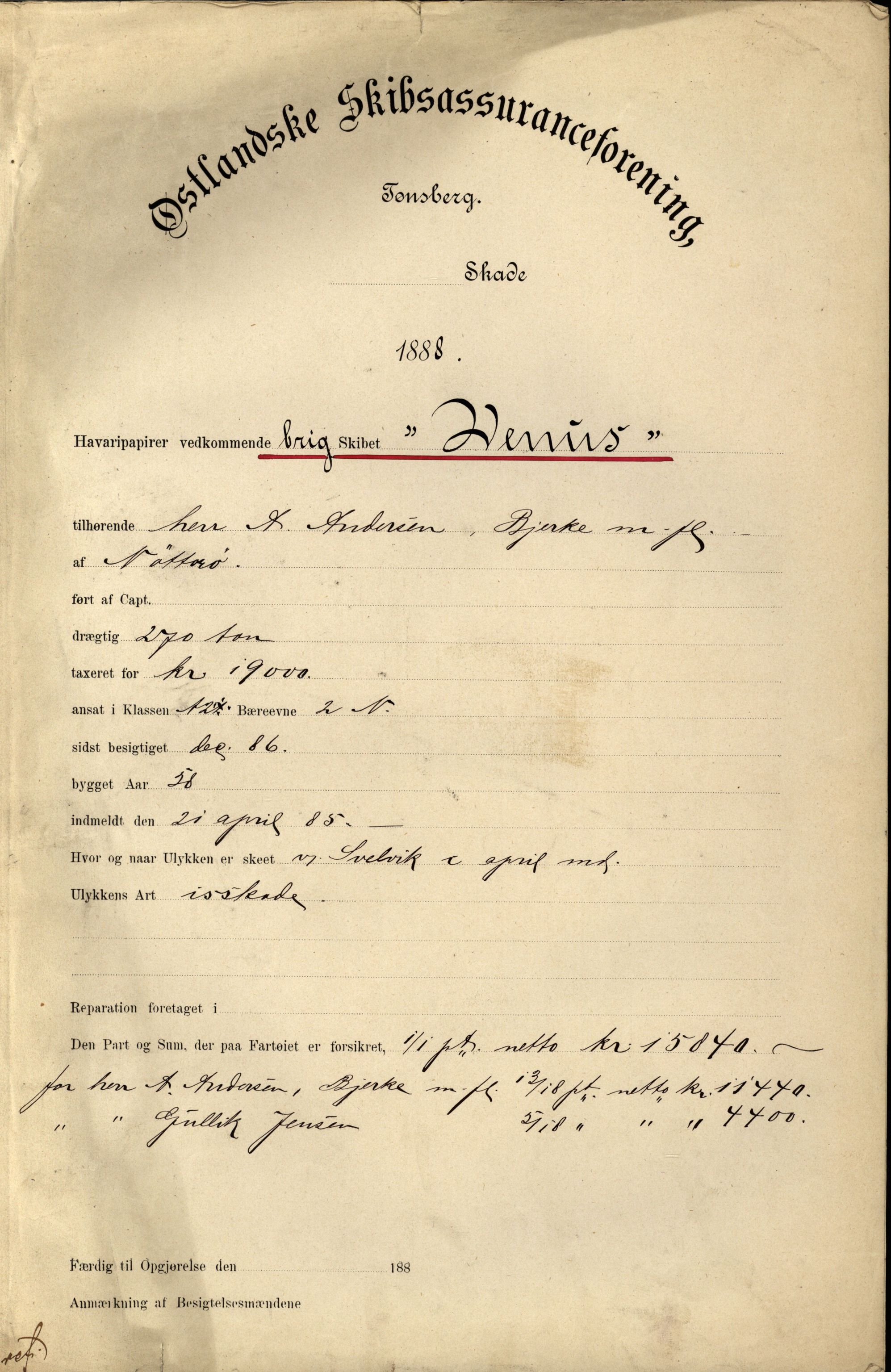 Pa 63 - Østlandske skibsassuranceforening, VEMU/A-1079/G/Ga/L0022/0001: Havaridokumenter / Columbus, Dagny av Holmestrand, Venus, Lymphia, Dione, 1888, p. 11