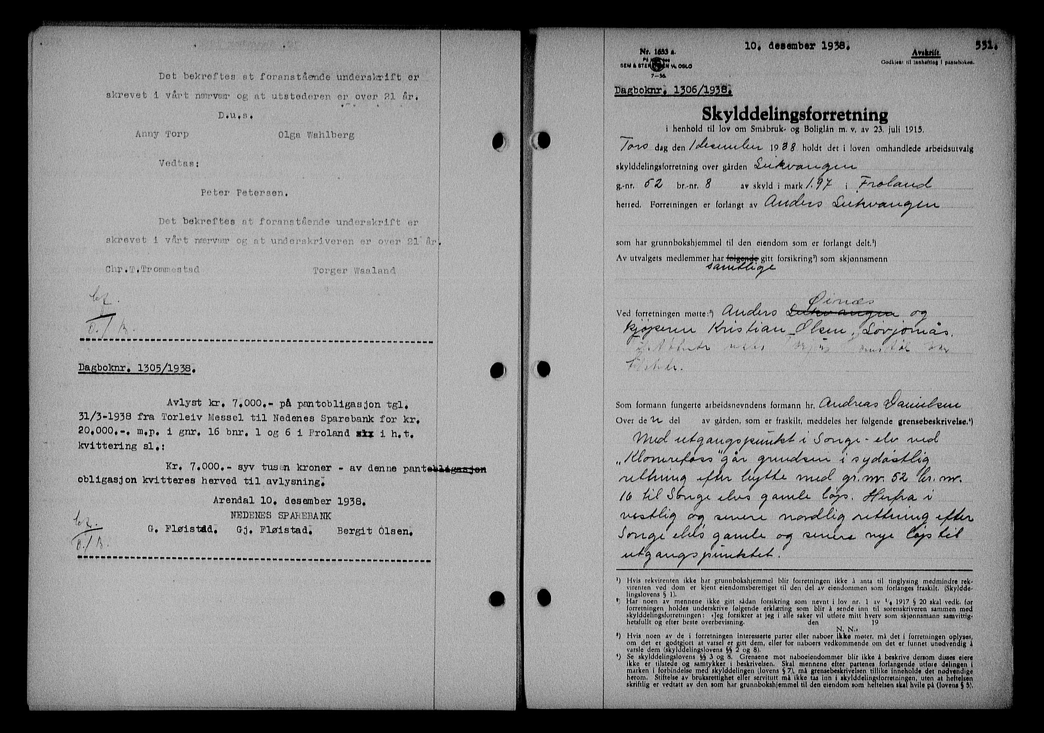 Nedenes sorenskriveri, AV/SAK-1221-0006/G/Gb/Gba/L0045: Mortgage book no. 41, 1938-1938, Diary no: : 1306/1938