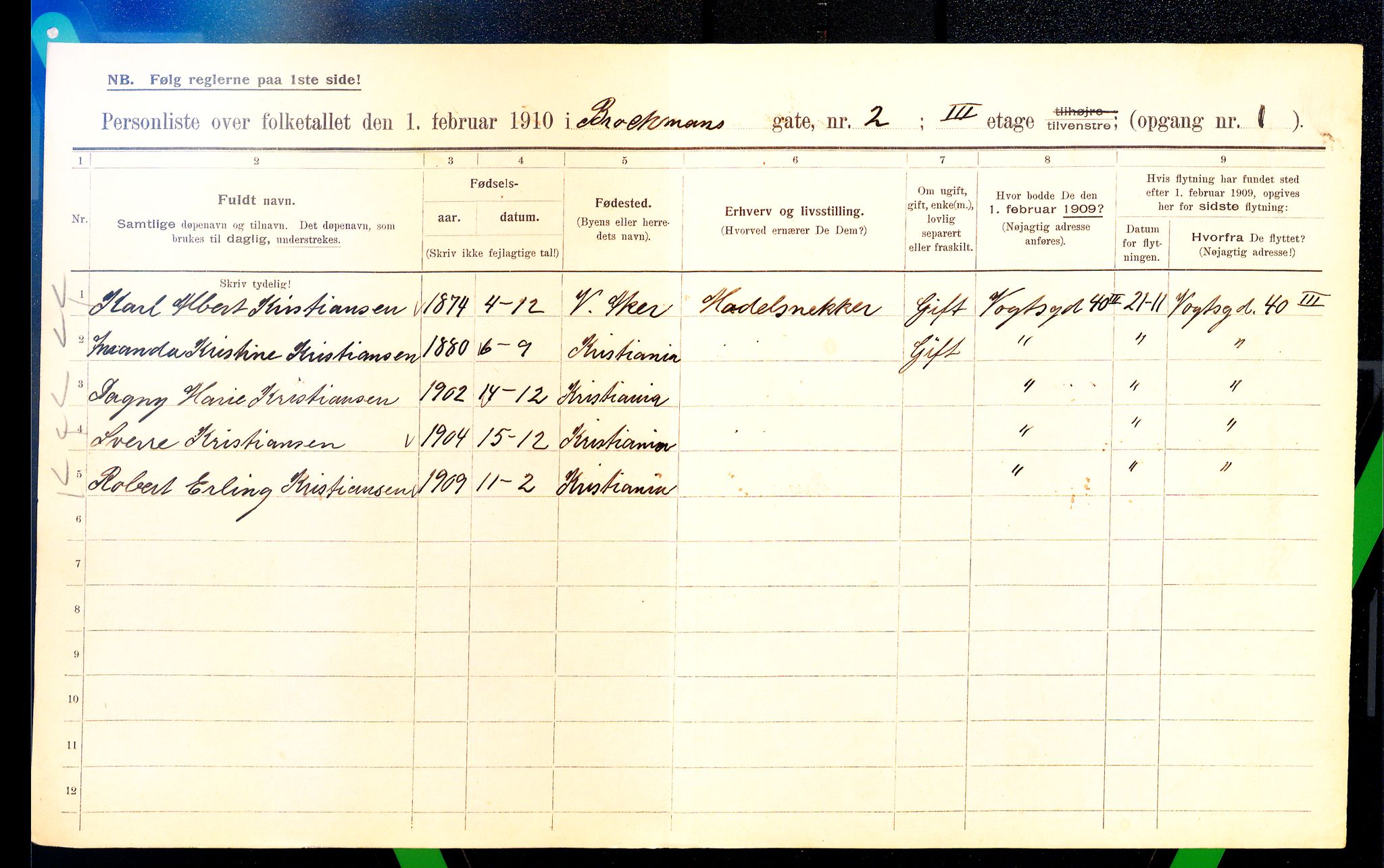 OBA, Municipal Census 1910 for Kristiania, 1910, p. 9247