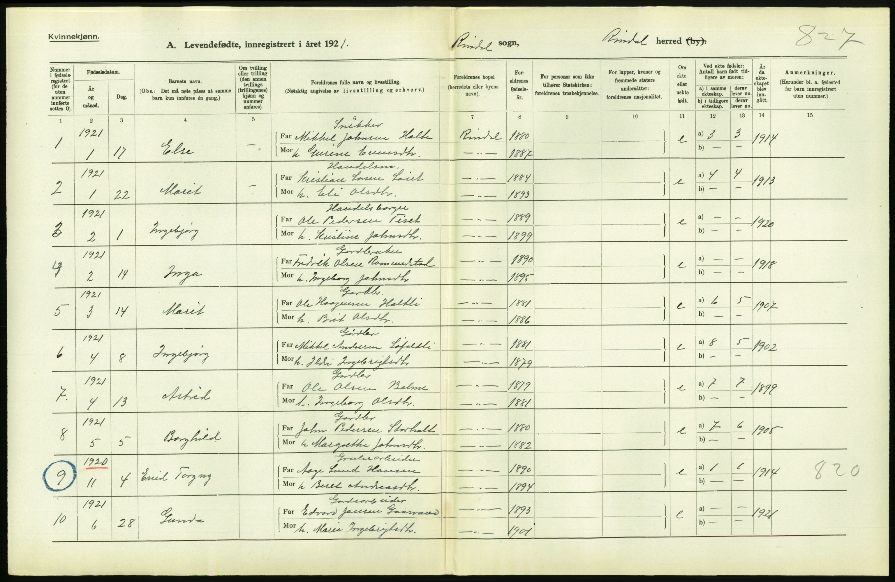 Statistisk sentralbyrå, Sosiodemografiske emner, Befolkning, AV/RA-S-2228/D/Df/Dfc/Dfca/L0040: Møre fylke: Levendefødte menn og kvinner. Bygder., 1921, p. 722