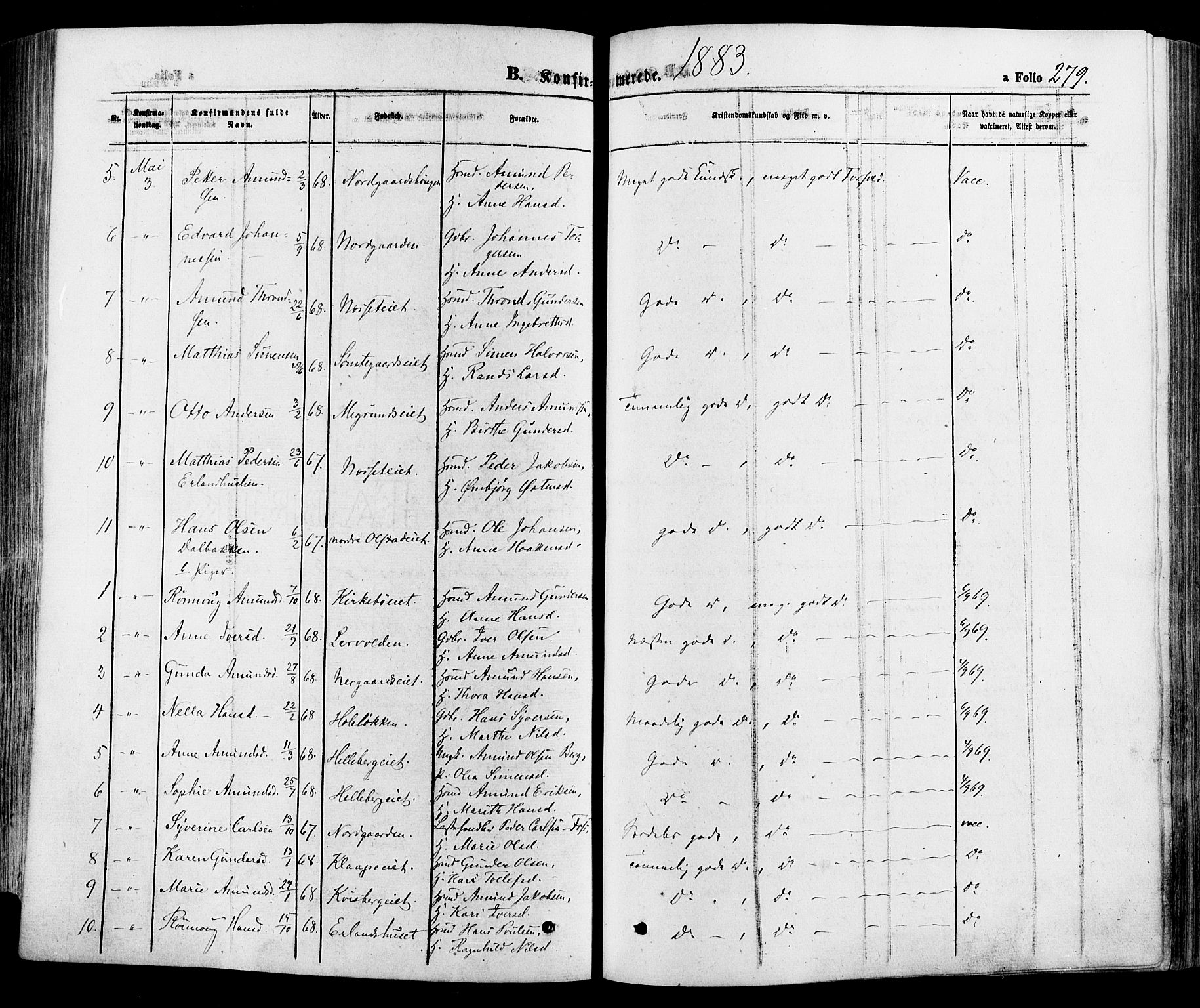 Gausdal prestekontor, SAH/PREST-090/H/Ha/Haa/L0010: Parish register (official) no. 10, 1867-1886, p. 279