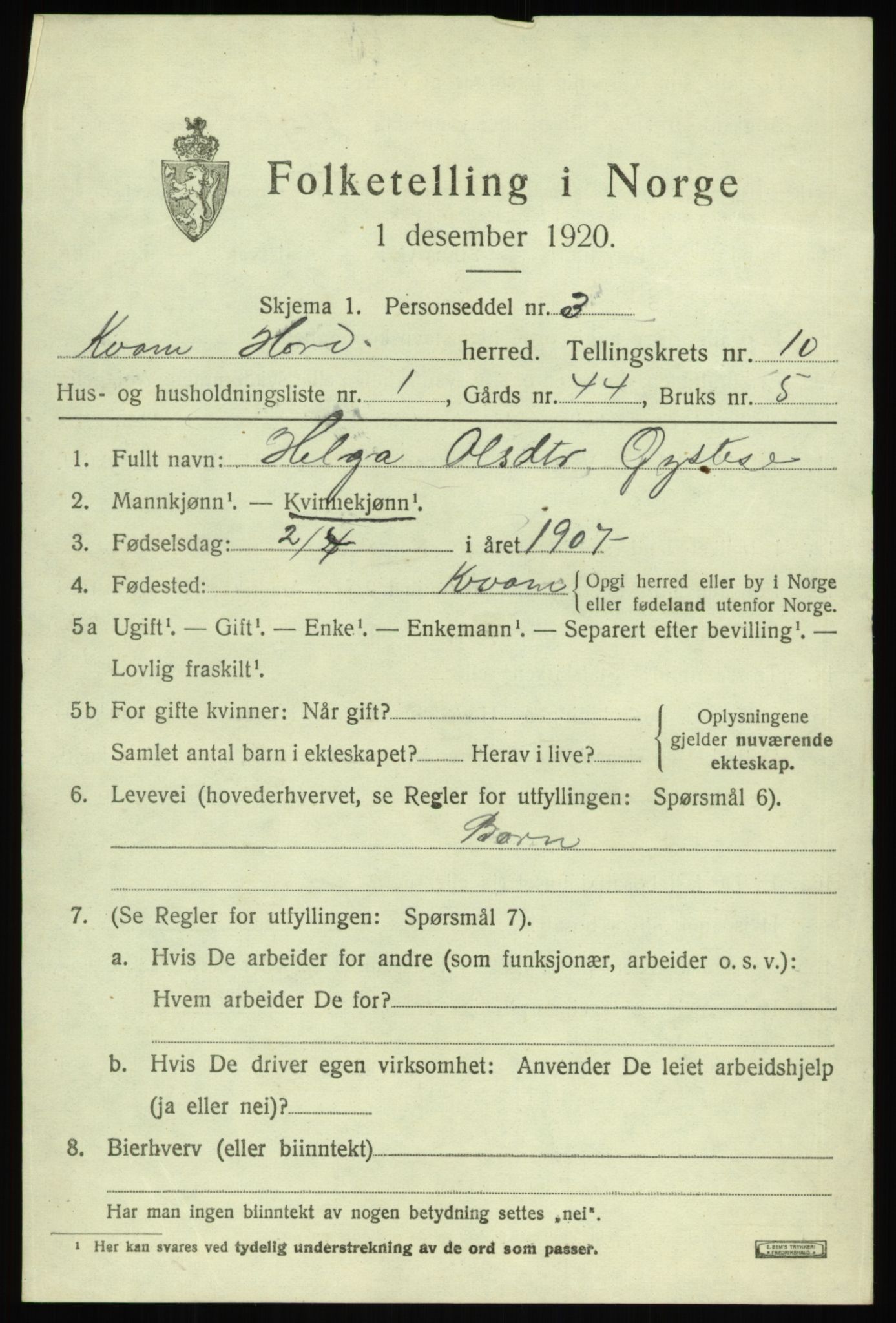 SAB, 1920 census for Kvam, 1920, p. 6325