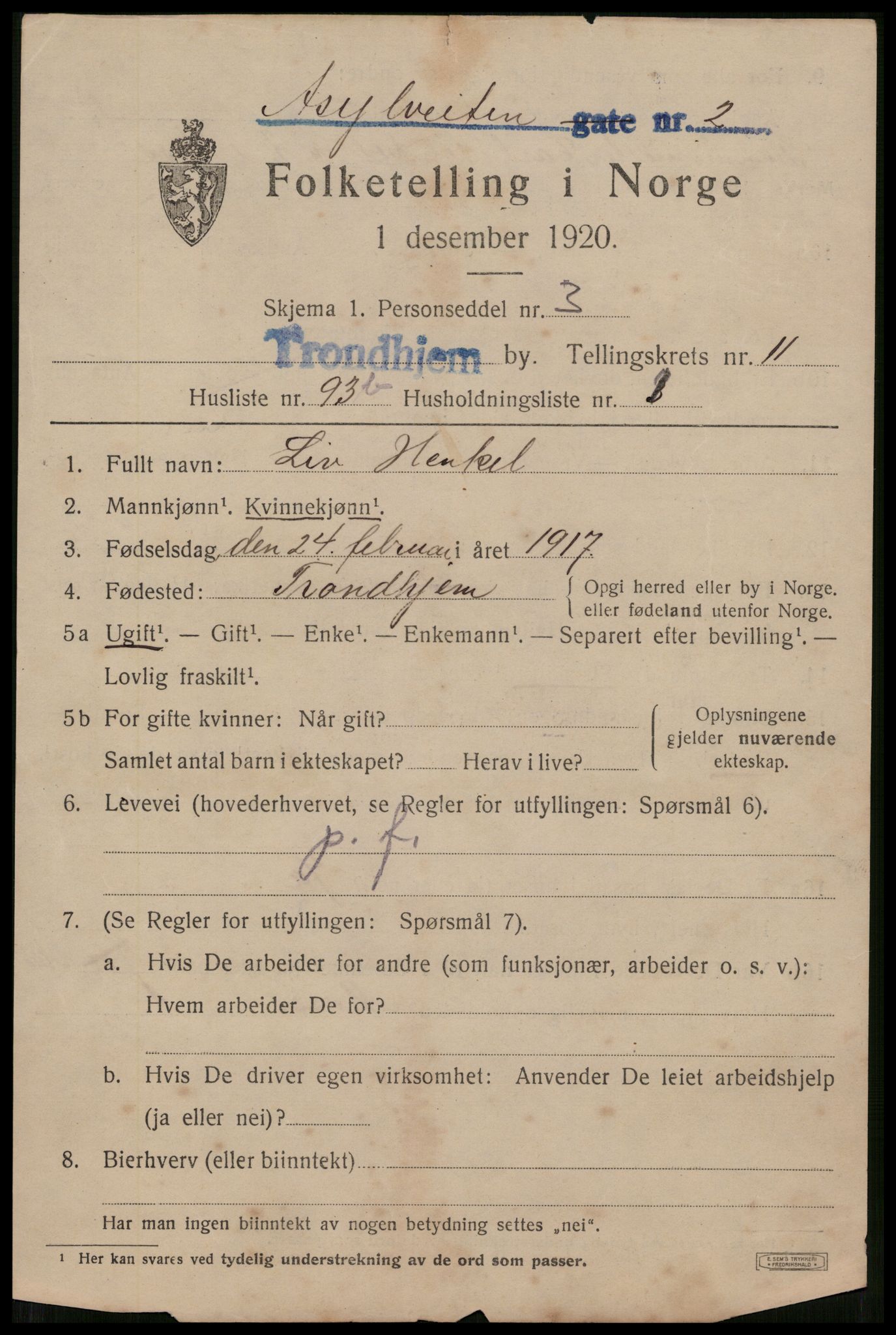 SAT, 1920 census for Trondheim, 1920, p. 47748