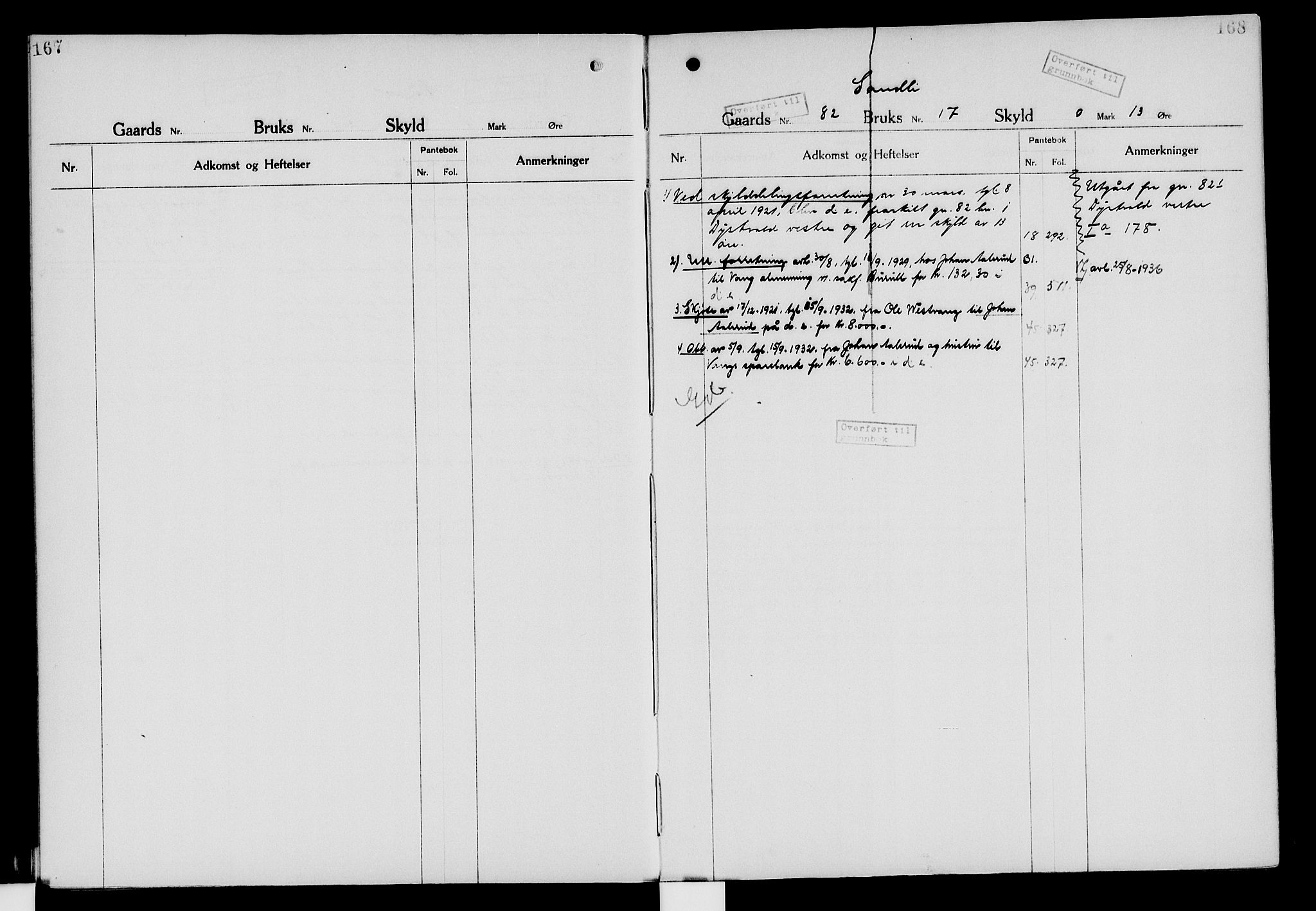 Nord-Hedmark sorenskriveri, SAH/TING-012/H/Ha/Had/Hade/L0006: Mortgage register no. 4.6, 1920-1940, p. 167-168