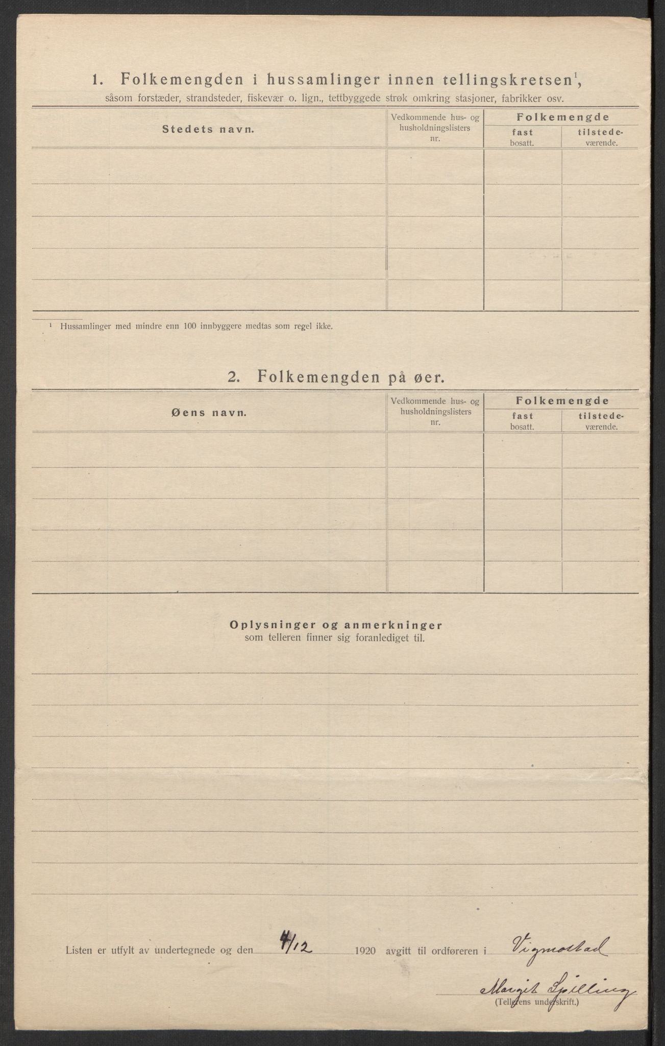 SAK, 1920 census for Vigmostad, 1920, p. 19