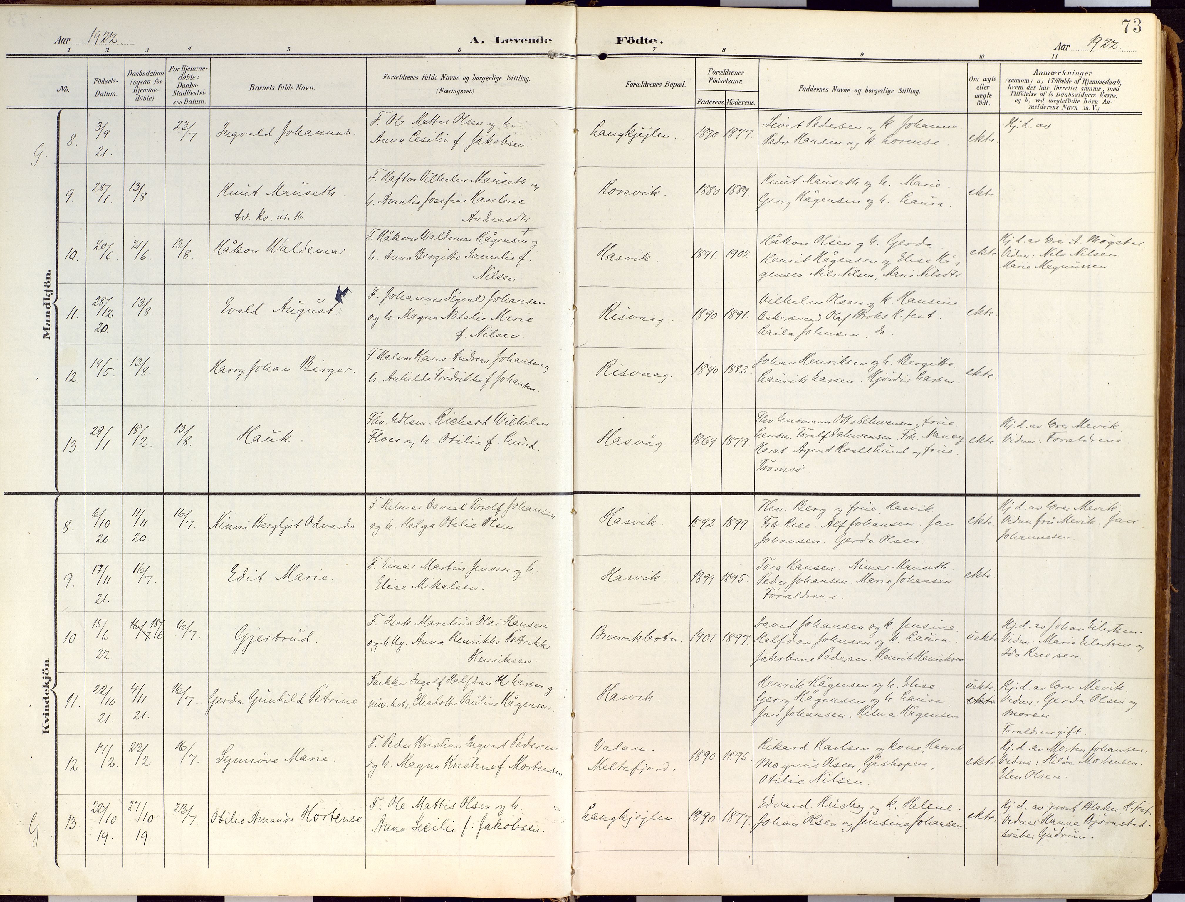 Loppa sokneprestkontor, AV/SATØ-S-1339/H/Ha/L0010kirke: Parish register (official) no. 10, 1907-1922, p. 73