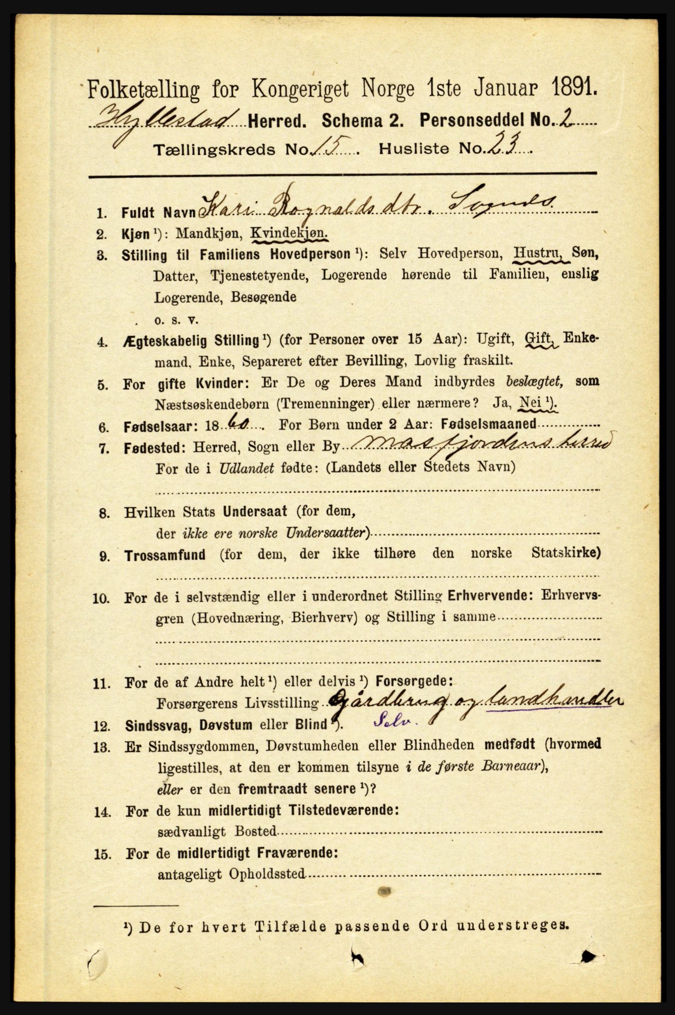 RA, 1891 census for 1413 Hyllestad, 1891, p. 2820