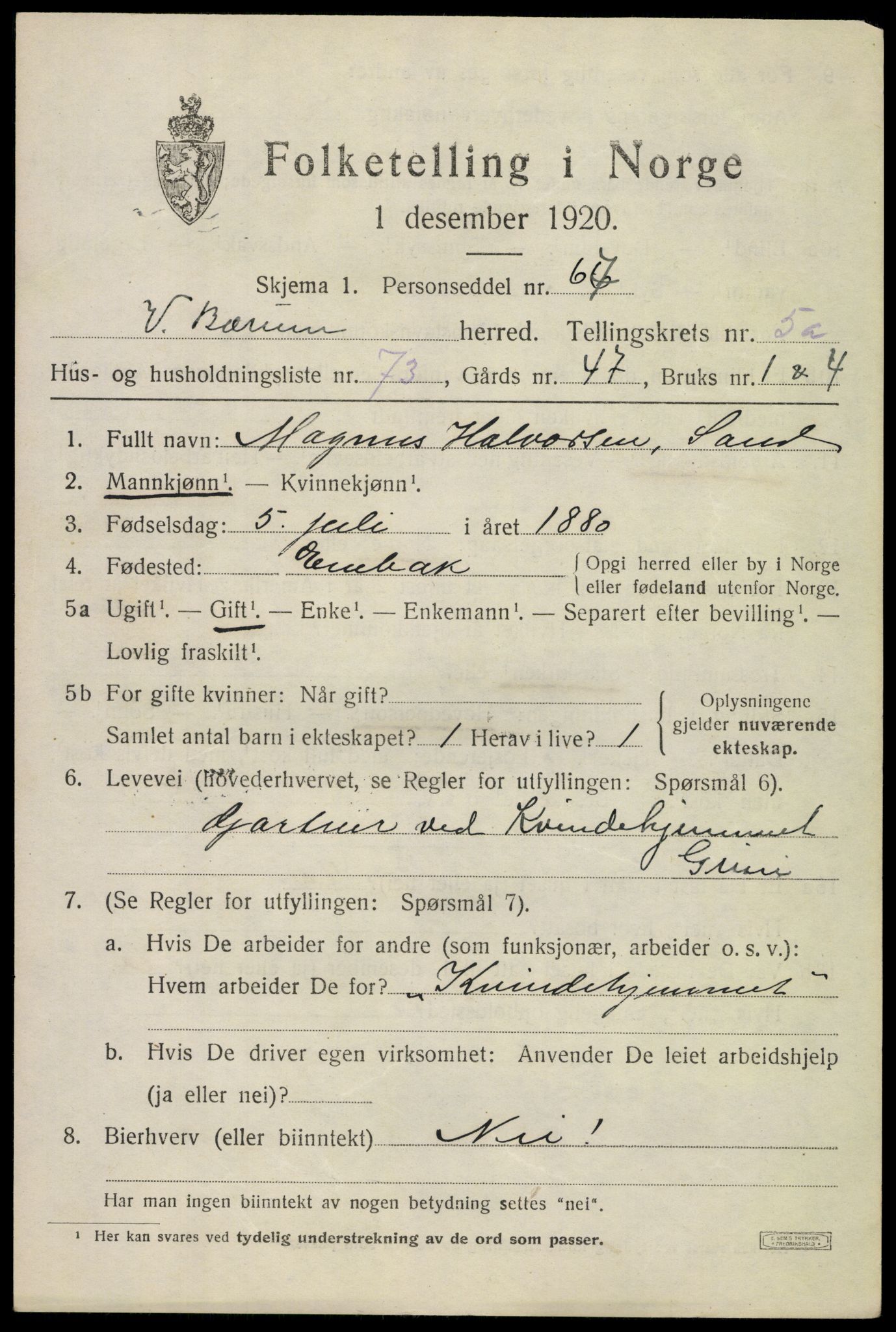 SAO, 1920 census for Bærum, 1920, p. 11026