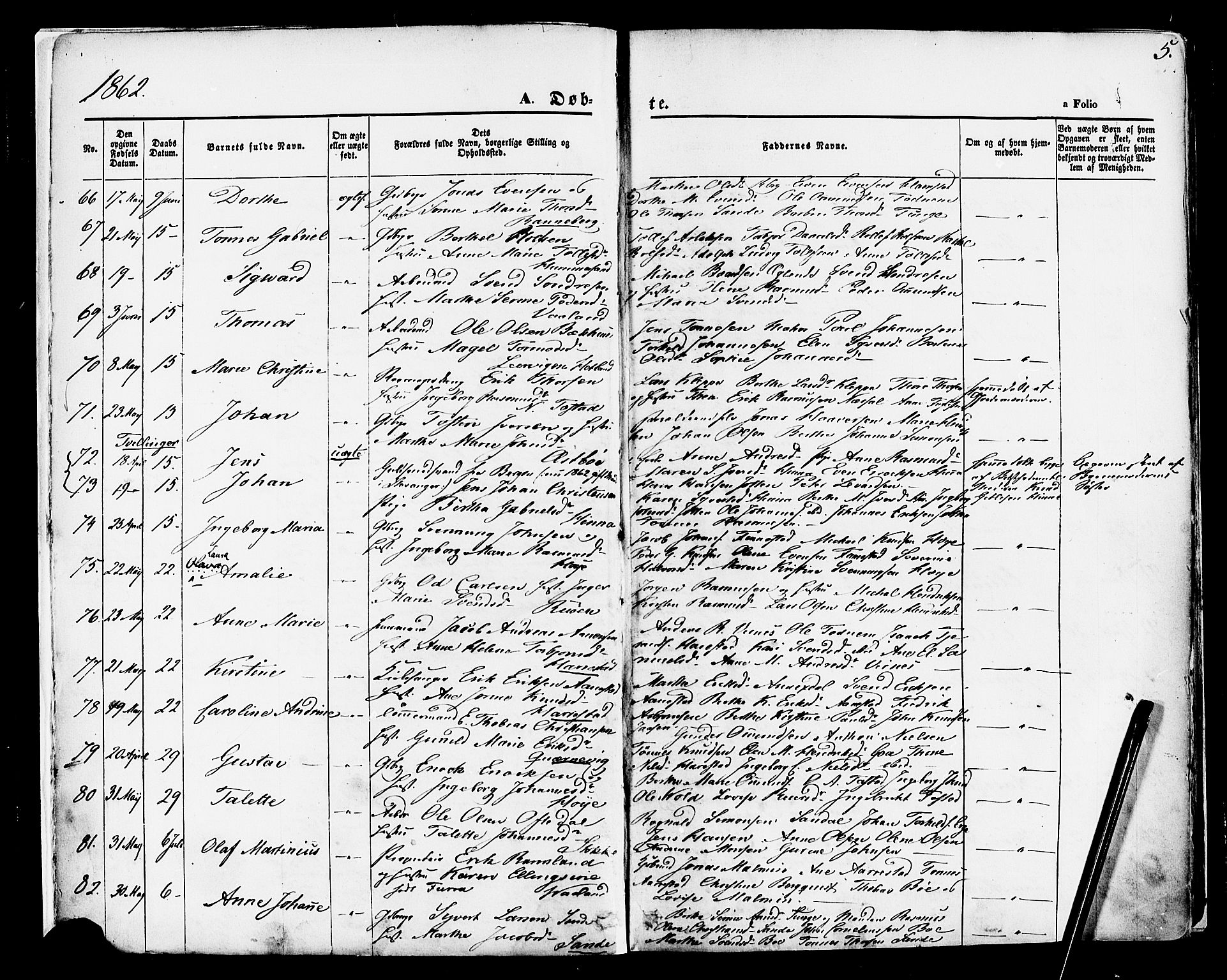 Hetland sokneprestkontor, AV/SAST-A-101826/30/30BA/L0003: Parish register (official) no. A 3, 1862-1876, p. 5