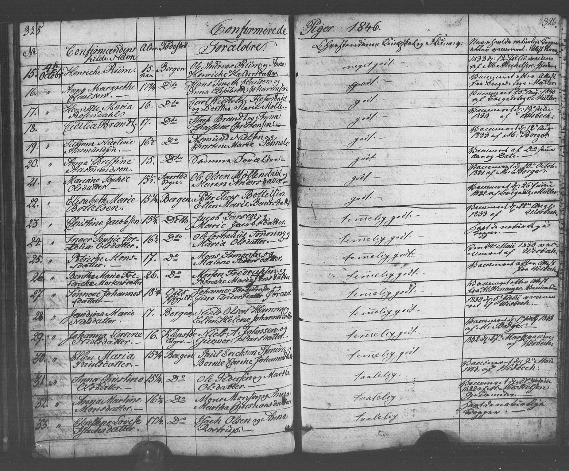 Domkirken sokneprestembete, AV/SAB-A-74801/H/Haa/L0063: Curate's parish register no. A 1, 1821-1848, p. 325-326