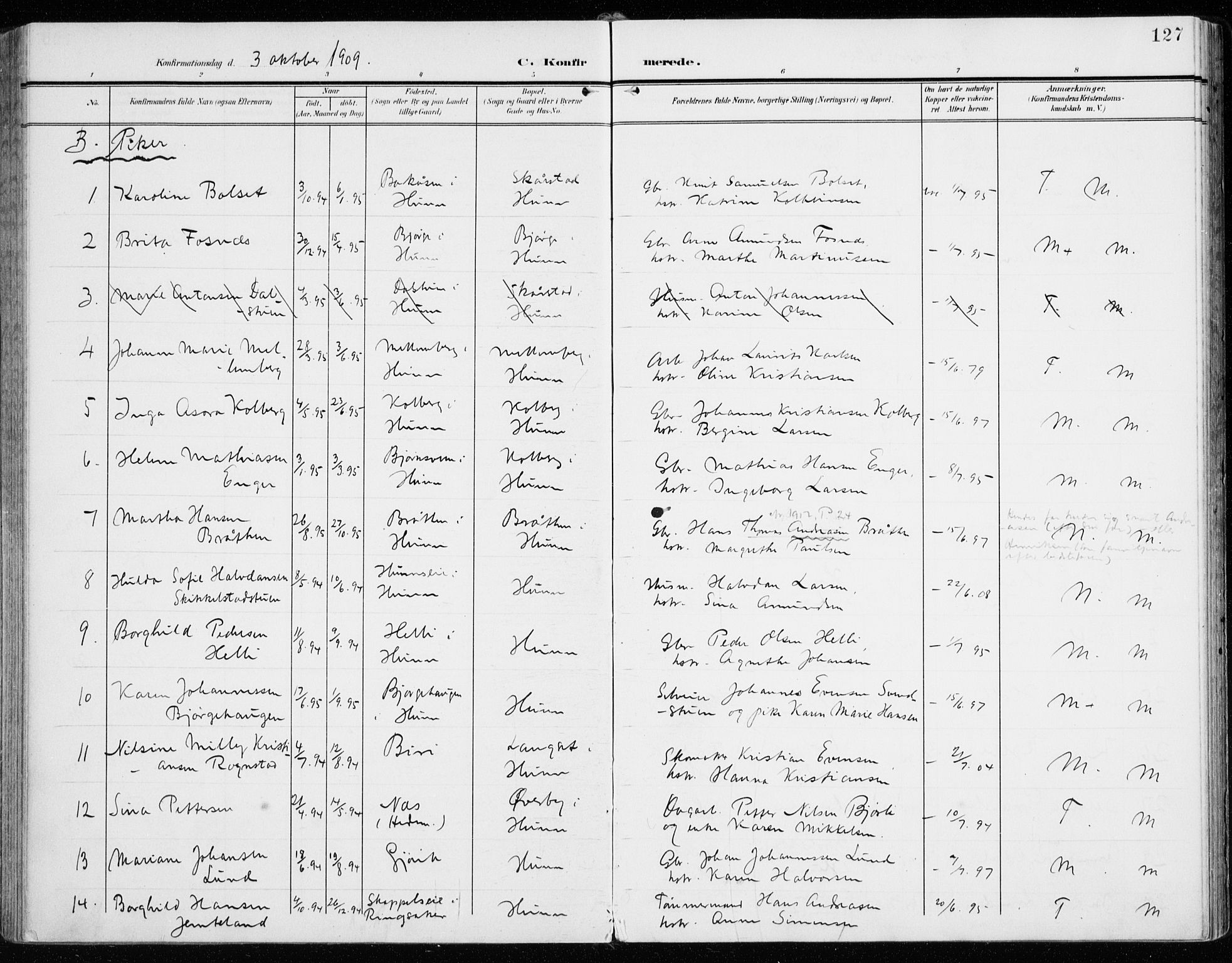 Vardal prestekontor, AV/SAH-PREST-100/H/Ha/Haa/L0016: Parish register (official) no. 16, 1904-1916, p. 127