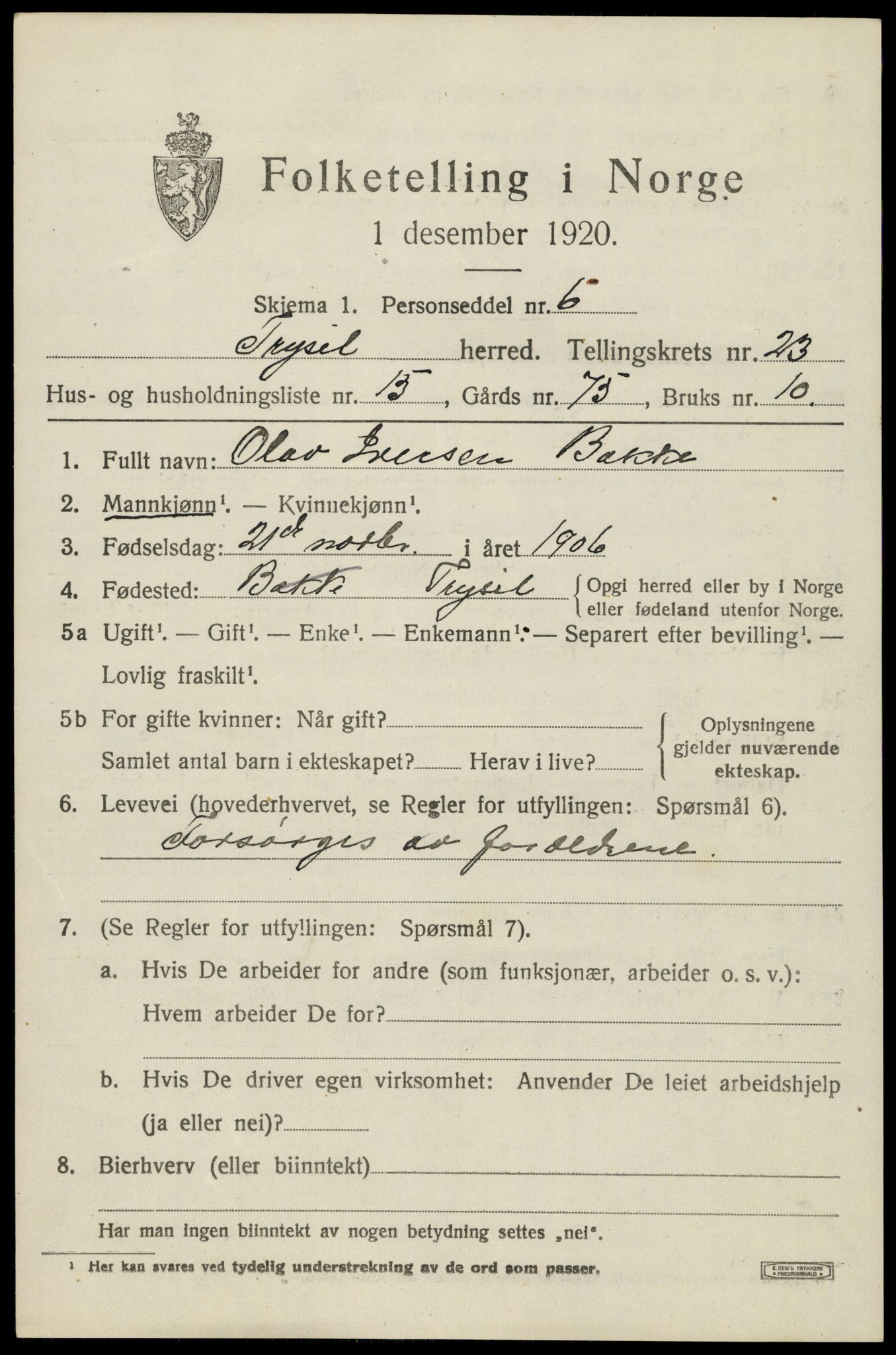 SAH, 1920 census for Trysil, 1920, p. 15015