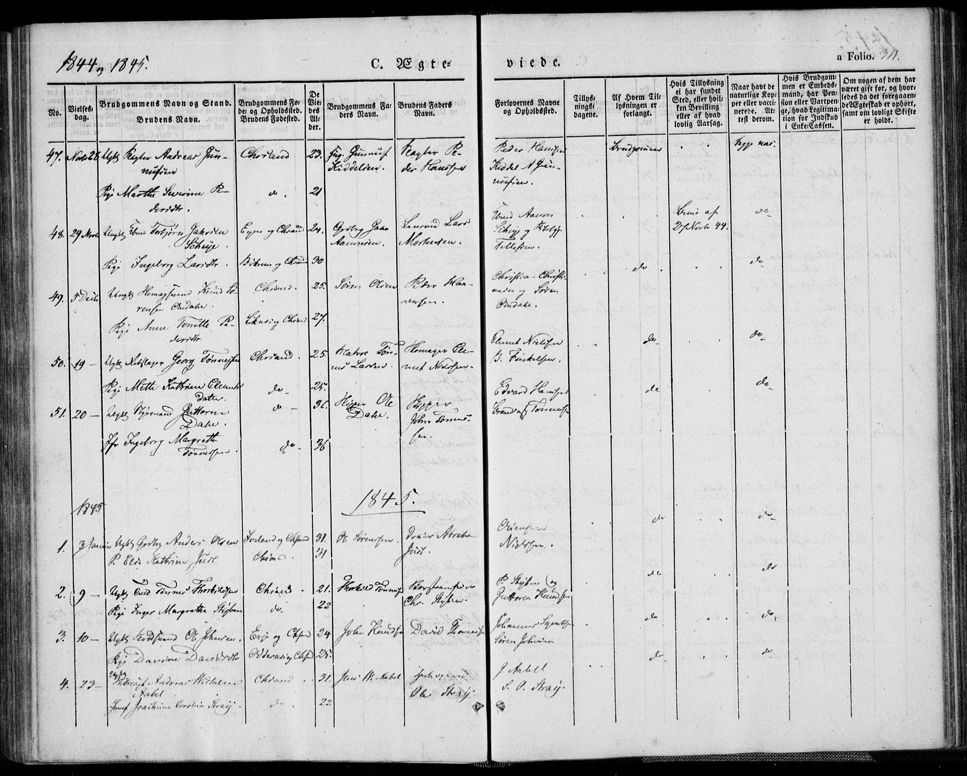 Kristiansand domprosti, SAK/1112-0006/F/Fa/L0013: Parish register (official) no. A 13, 1842-1851, p. 311