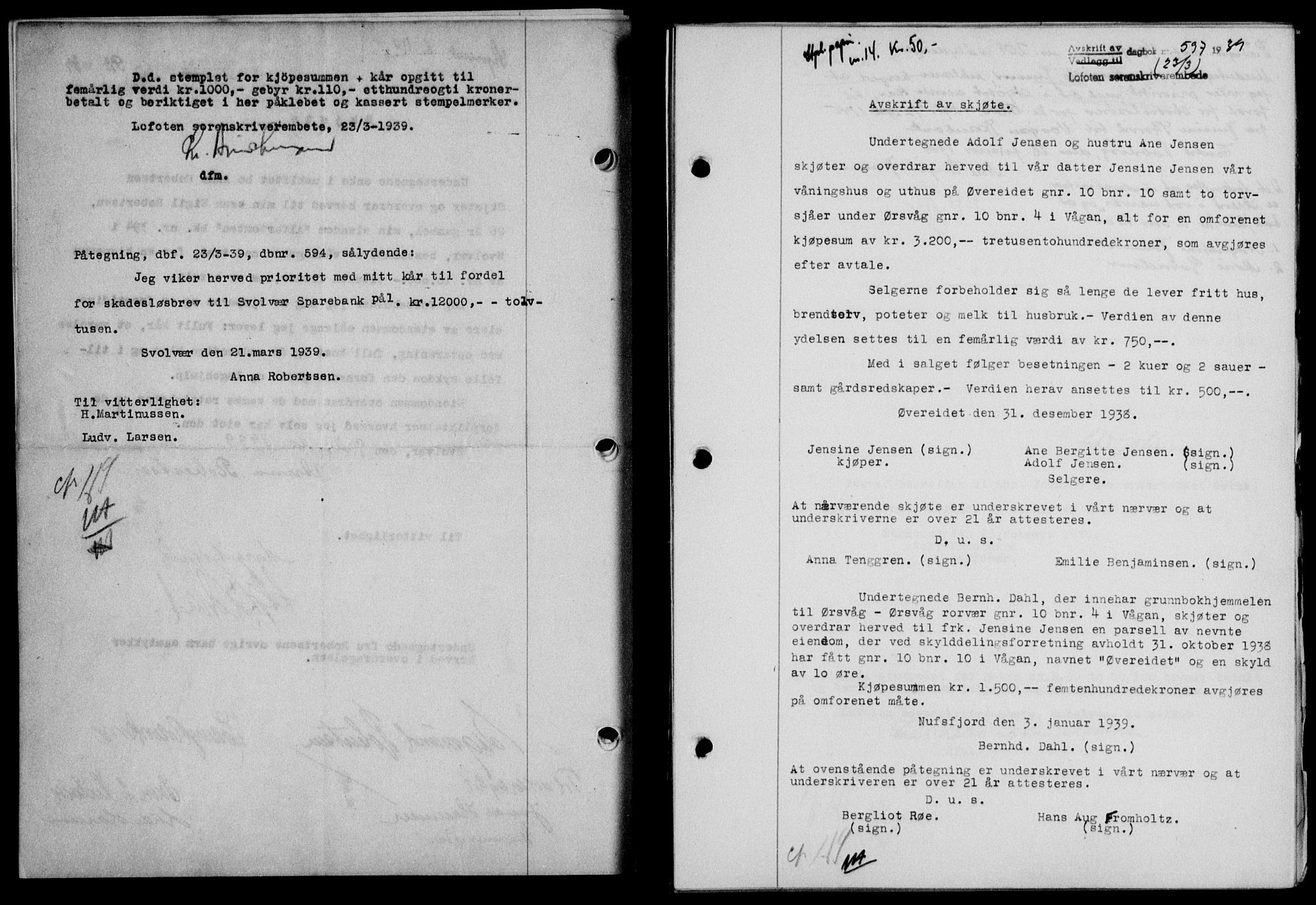 Lofoten sorenskriveri, SAT/A-0017/1/2/2C/L0005a: Mortgage book no. 5a, 1939-1939, Diary no: : 597/1939