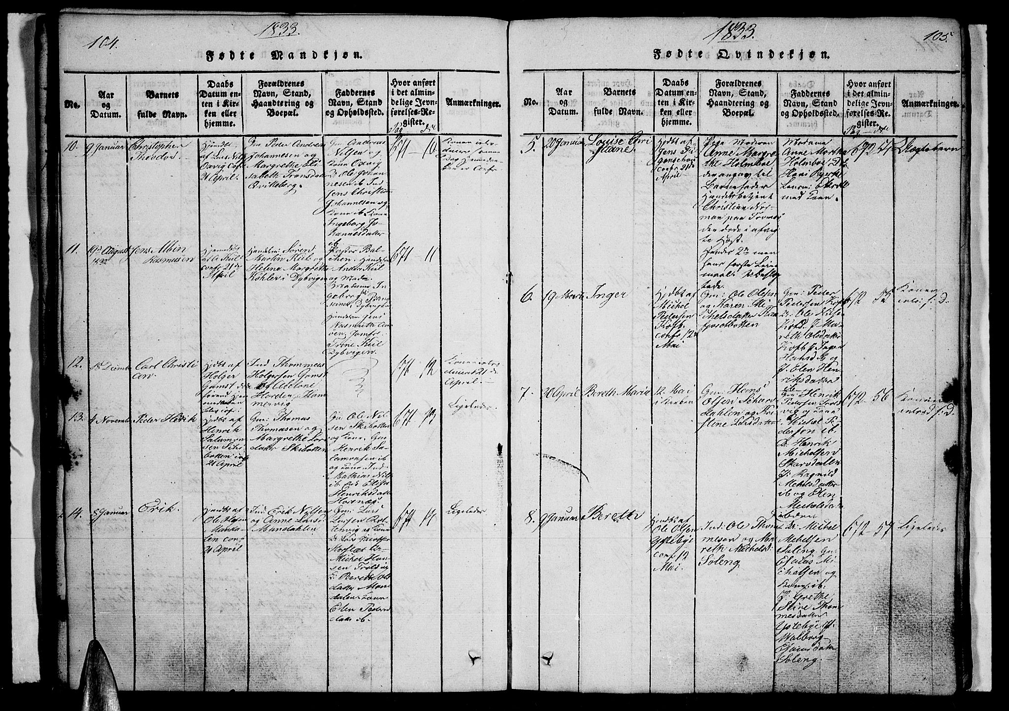 Lyngen sokneprestembete, AV/SATØ-S-1289/H/He/Heb/L0001klokker: Parish register (copy) no. 1, 1826-1838, p. 104-105