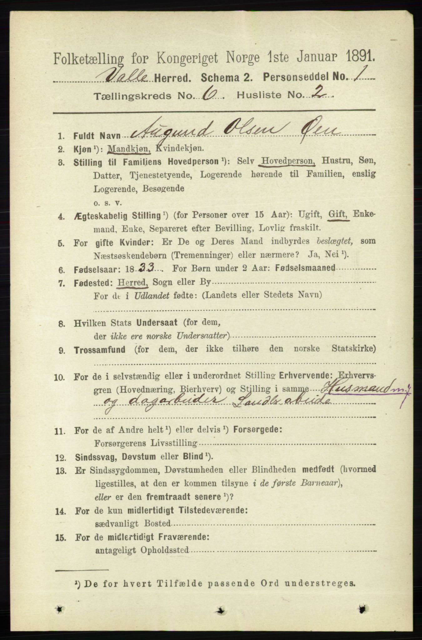 RA, 1891 census for 0940 Valle, 1891, p. 1682