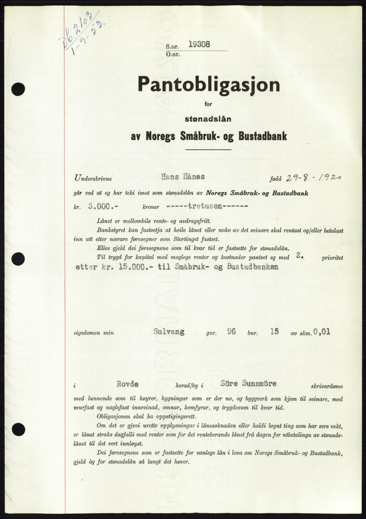 Søre Sunnmøre sorenskriveri, AV/SAT-A-4122/1/2/2C/L0123: Mortgage book no. 11B, 1953-1953, Diary no: : 2103/1953