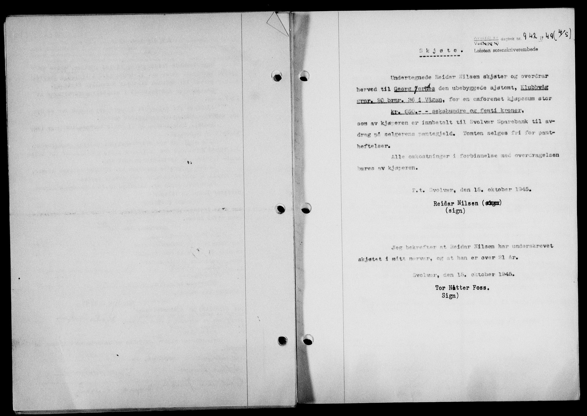 Lofoten sorenskriveri, SAT/A-0017/1/2/2C/L0020a: Mortgage book no. 20a, 1948-1949, Diary no: : 942/1949