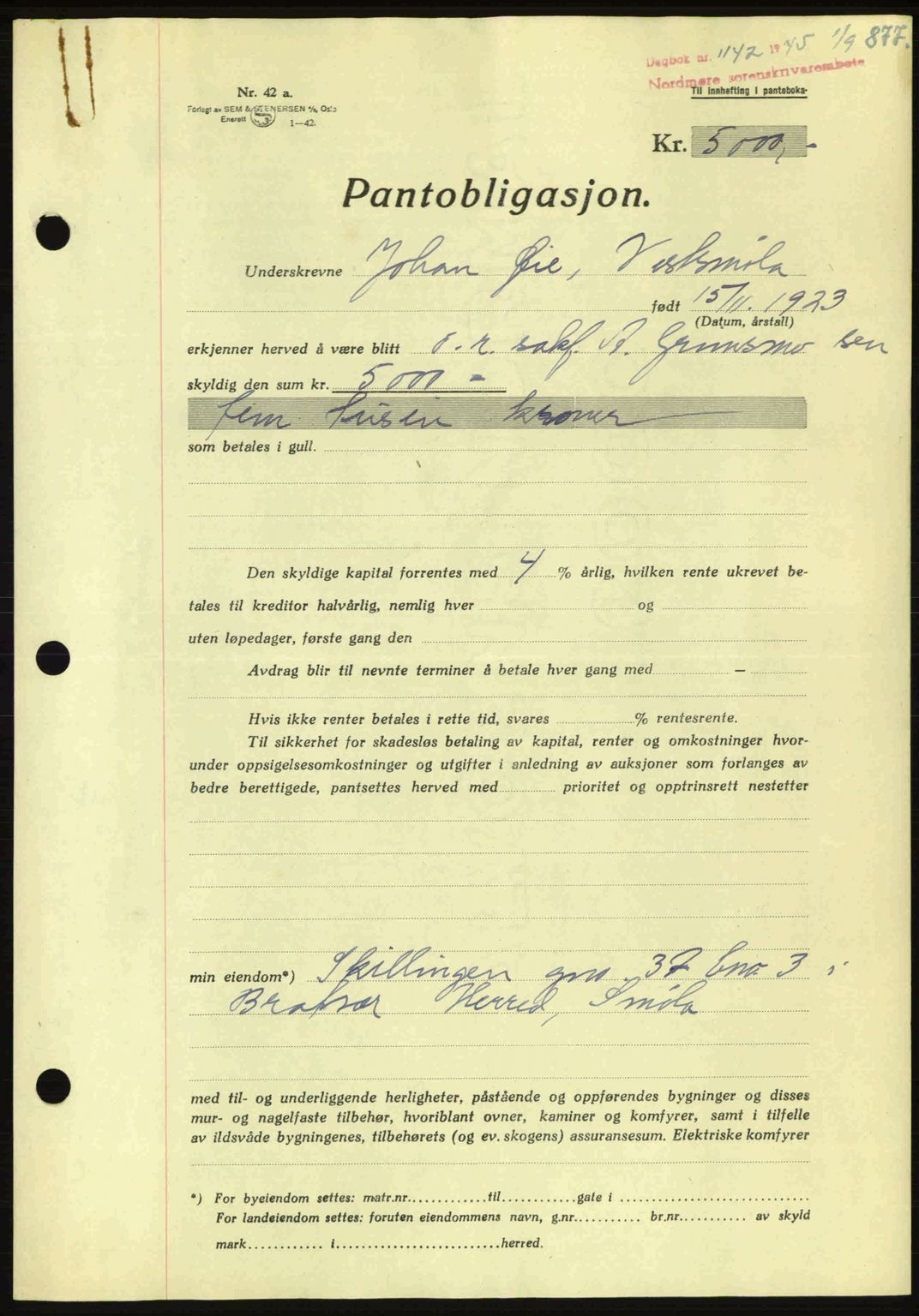 Nordmøre sorenskriveri, AV/SAT-A-4132/1/2/2Ca: Mortgage book no. B92, 1944-1945, Diary no: : 1142/1945