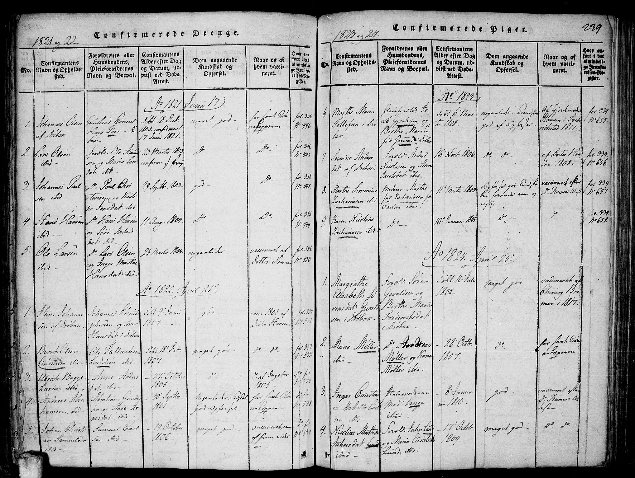 Drøbak prestekontor Kirkebøker, AV/SAO-A-10142a/F/Fa/L0001: Parish register (official) no. I 1, 1816-1842, p. 239