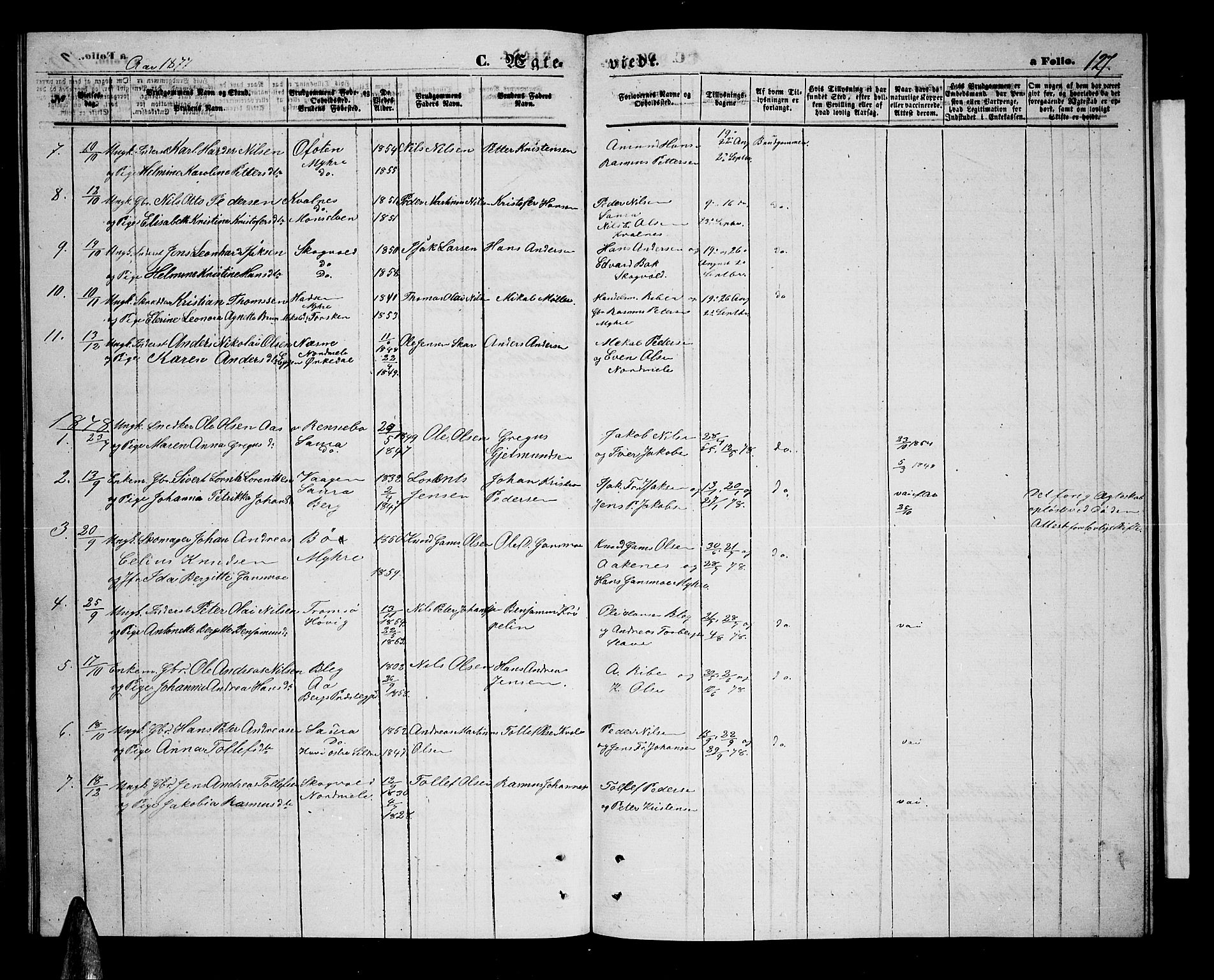 Ministerialprotokoller, klokkerbøker og fødselsregistre - Nordland, AV/SAT-A-1459/897/L1412: Parish register (copy) no. 897C02, 1867-1886, p. 127