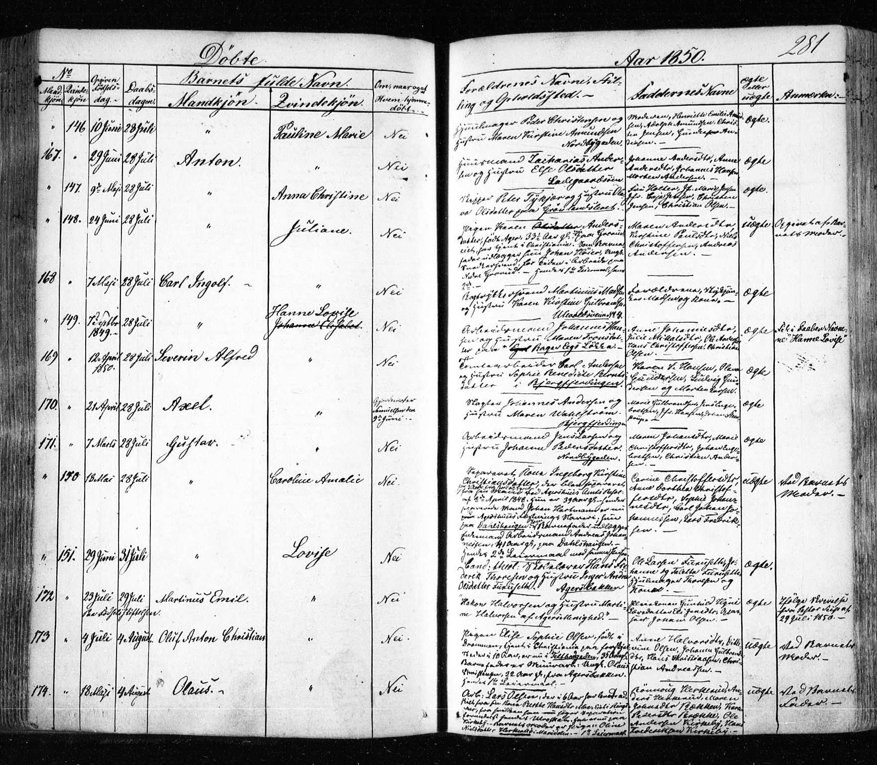 Aker prestekontor kirkebøker, SAO/A-10861/F/L0019: Parish register (official) no. 19, 1842-1852, p. 281