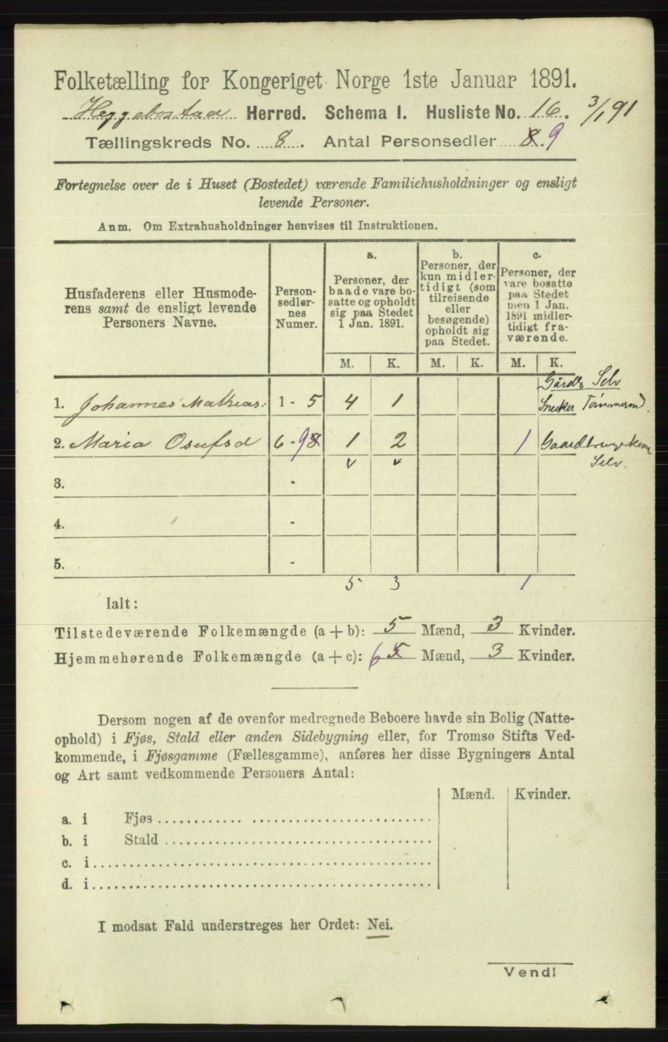 RA, 1891 census for 1034 Hægebostad, 1891, p. 2435