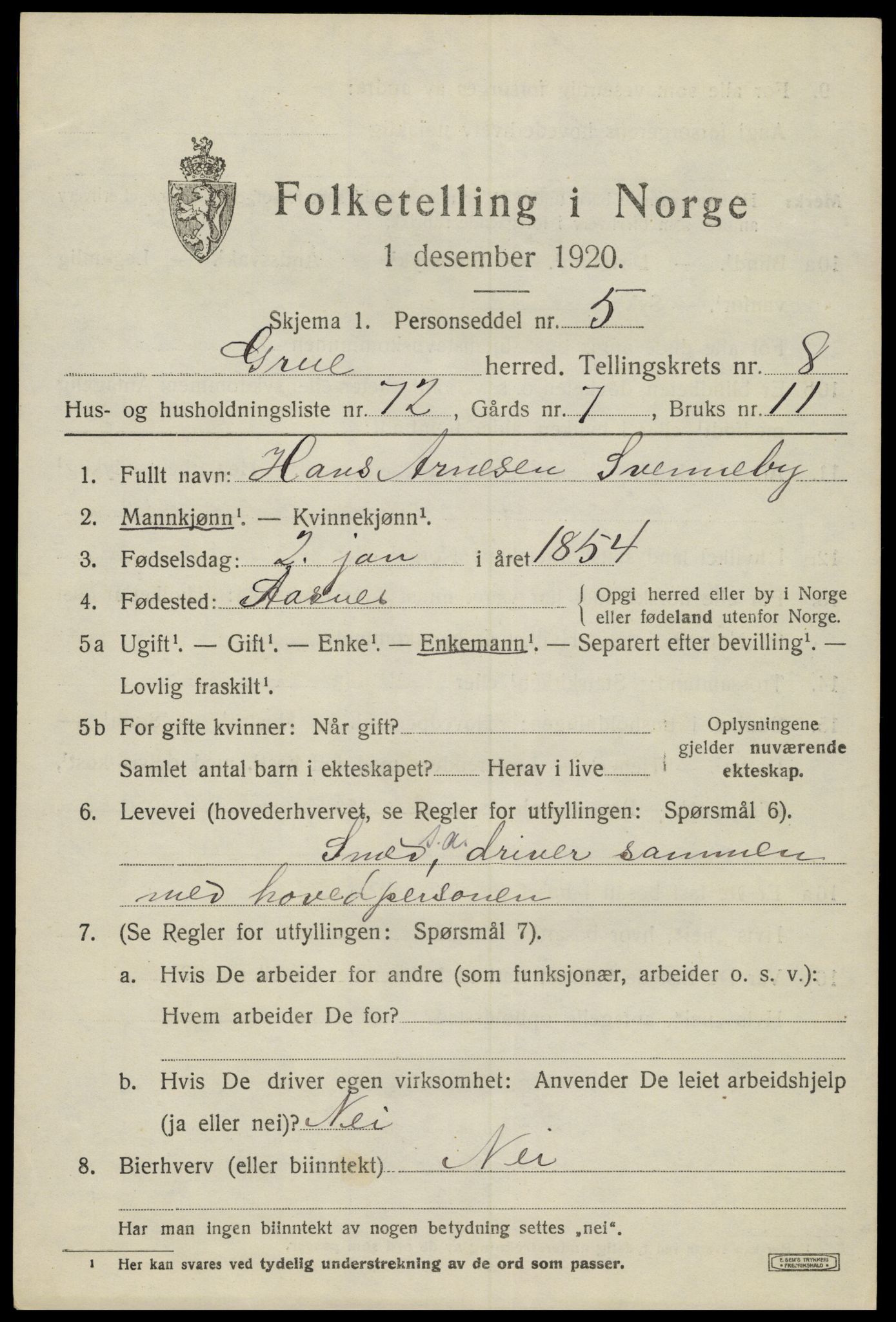 SAH, 1920 census for Grue, 1920, p. 7739