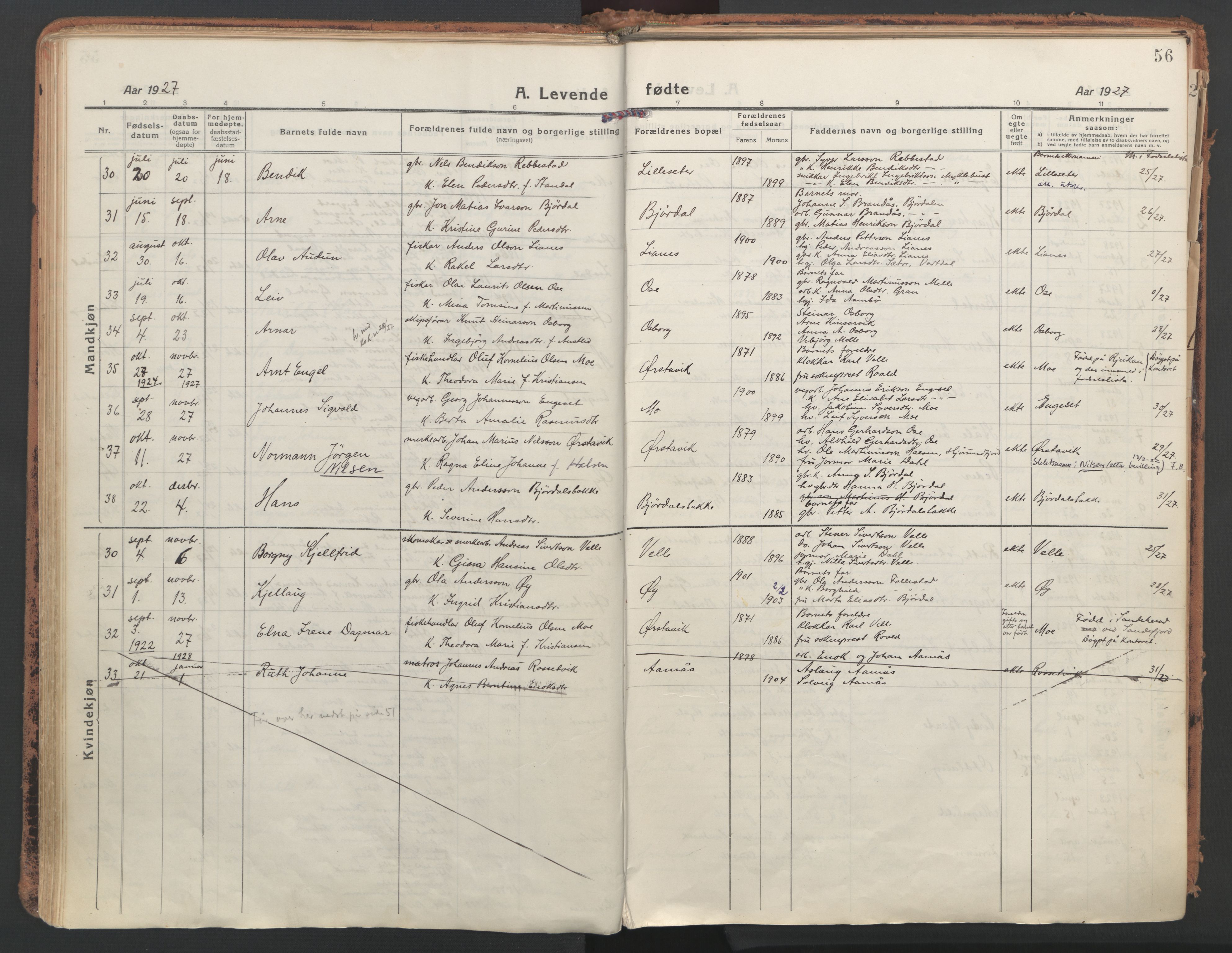 Ministerialprotokoller, klokkerbøker og fødselsregistre - Møre og Romsdal, AV/SAT-A-1454/513/L0180: Parish register (official) no. 513A07, 1919-1929, p. 56