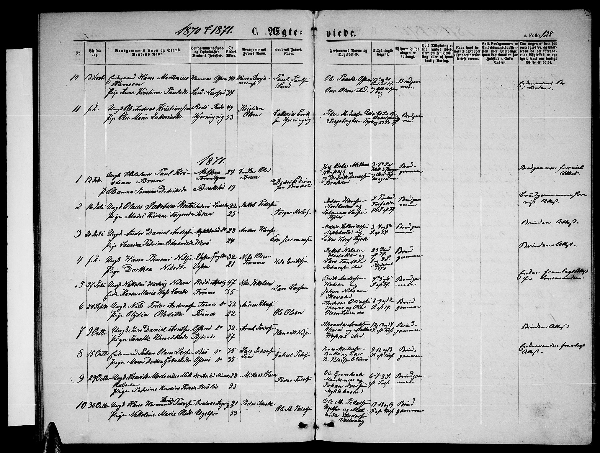 Ministerialprotokoller, klokkerbøker og fødselsregistre - Nordland, AV/SAT-A-1459/817/L0267: Parish register (copy) no. 817C02, 1870-1883, p. 128