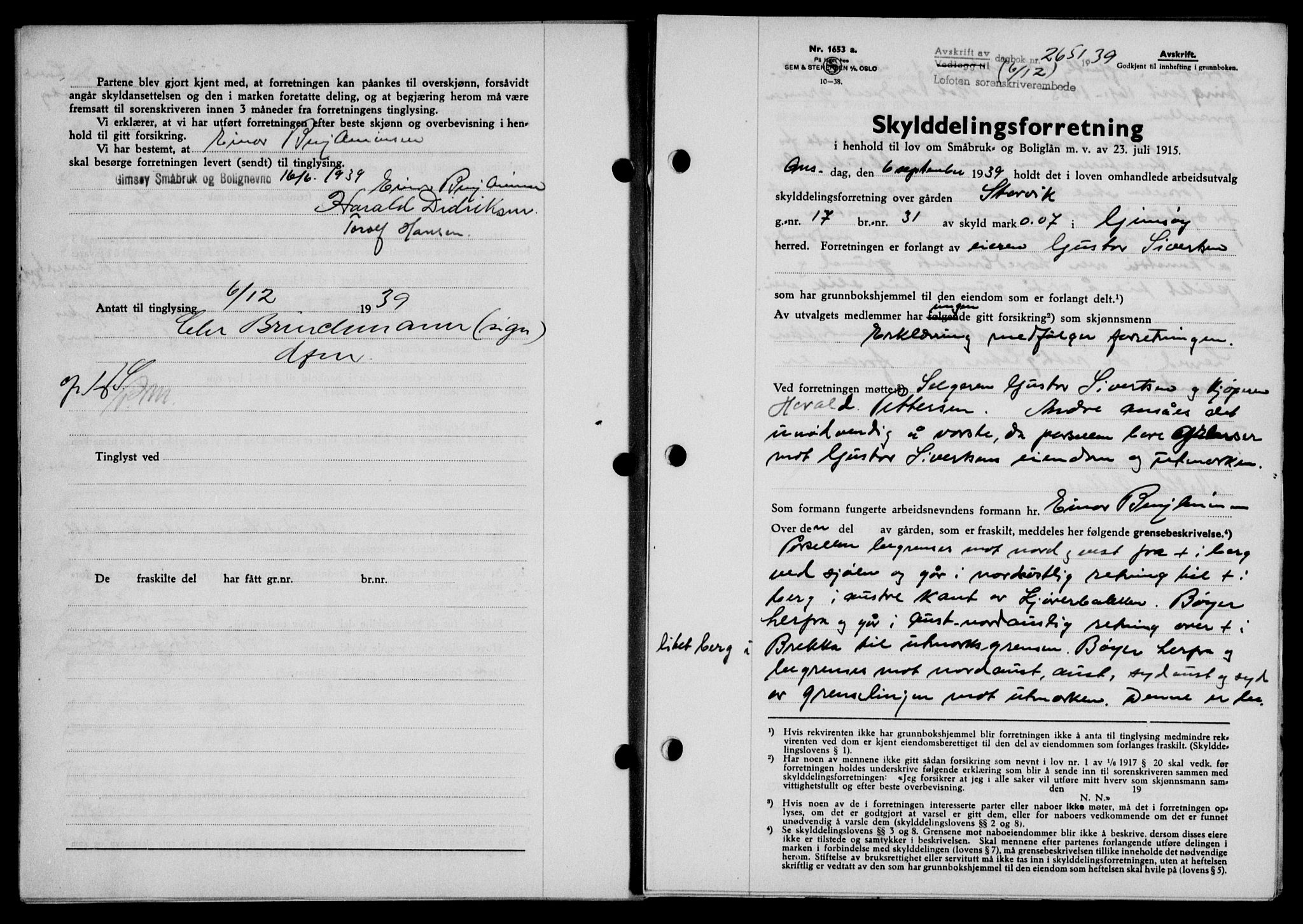 Lofoten sorenskriveri, SAT/A-0017/1/2/2C/L0007a: Mortgage book no. 7a, 1939-1940, Diary no: : 2651/1939