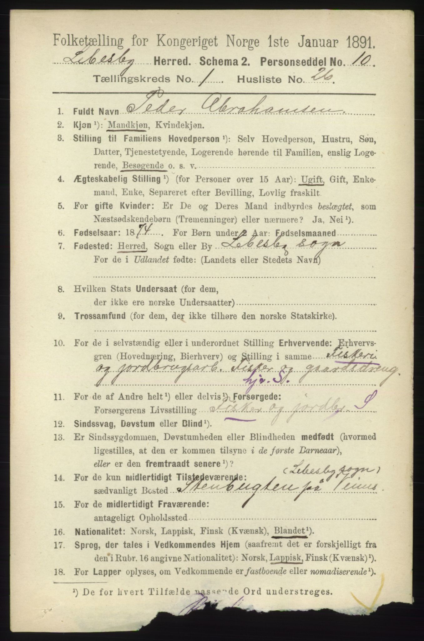 RA, 1891 census for 2022 Lebesby, 1891, p. 252