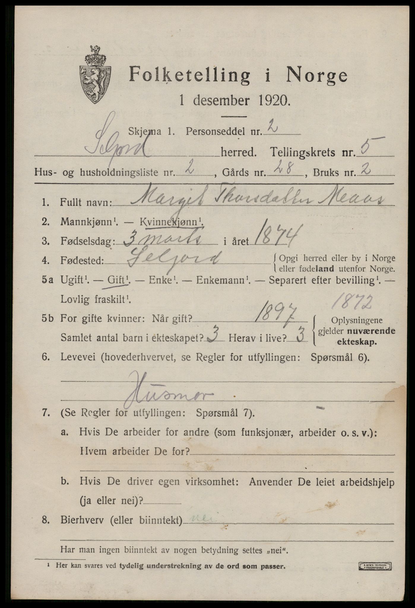 SAKO, 1920 census for Seljord, 1920, p. 2388