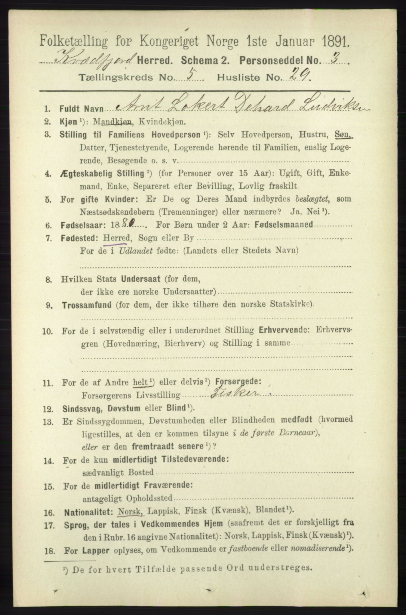 RA, 1891 census for 1911 Kvæfjord, 1891, p. 3043