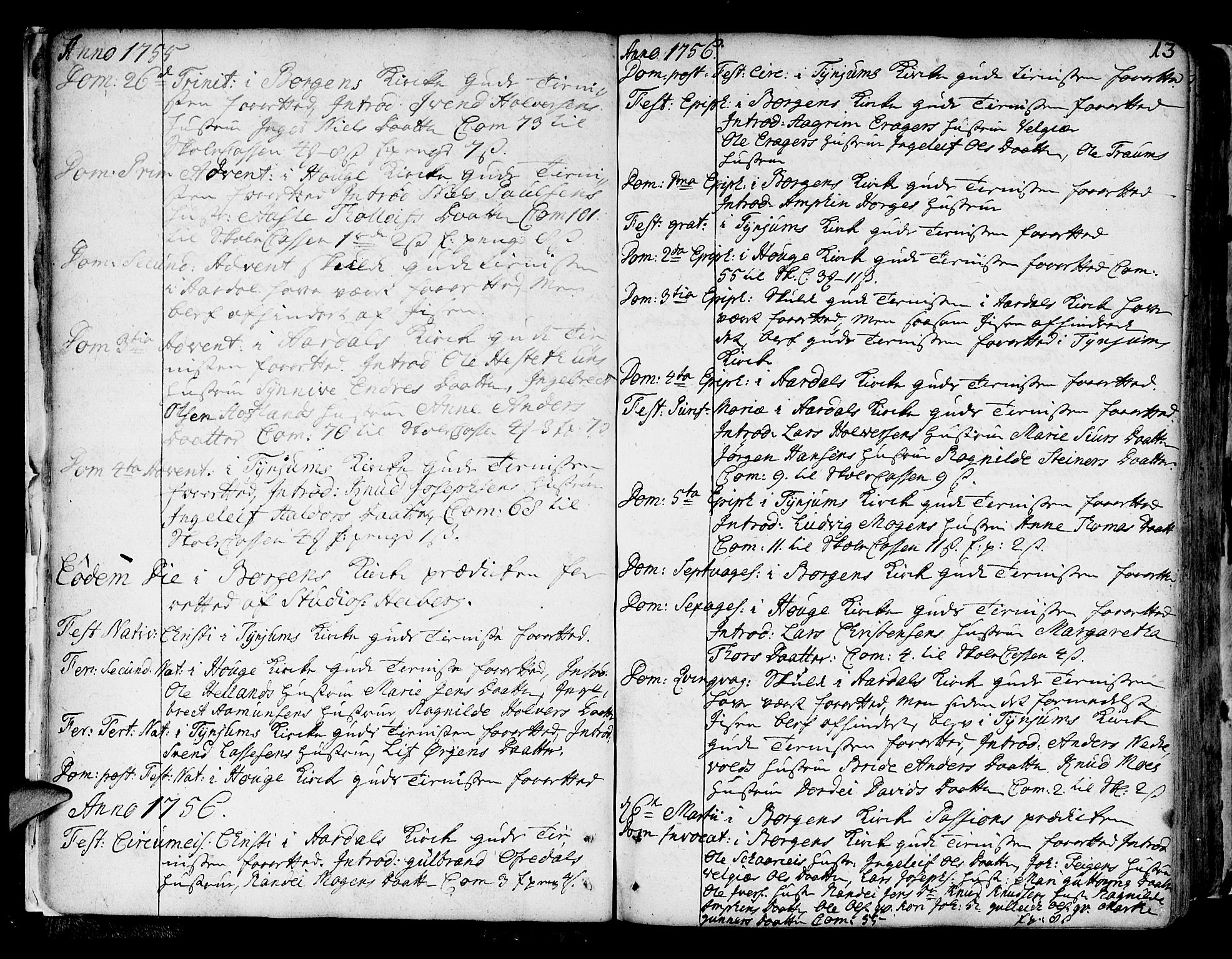 Lærdal sokneprestembete, AV/SAB-A-81201: Parish register (official) no. A 2, 1752-1782, p. 13