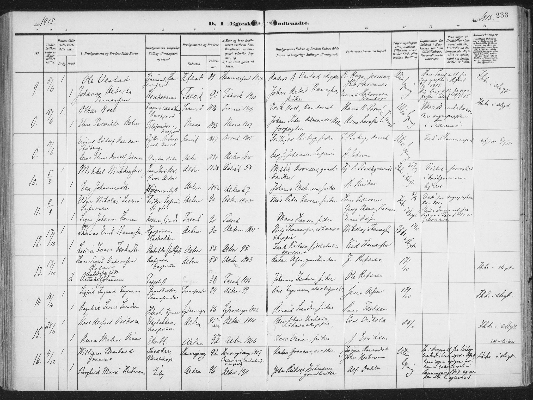 Alta sokneprestkontor, SATØ/S-1338/H/Ha/L0005.kirke: Parish register (official) no. 5, 1904-1918, p. 233