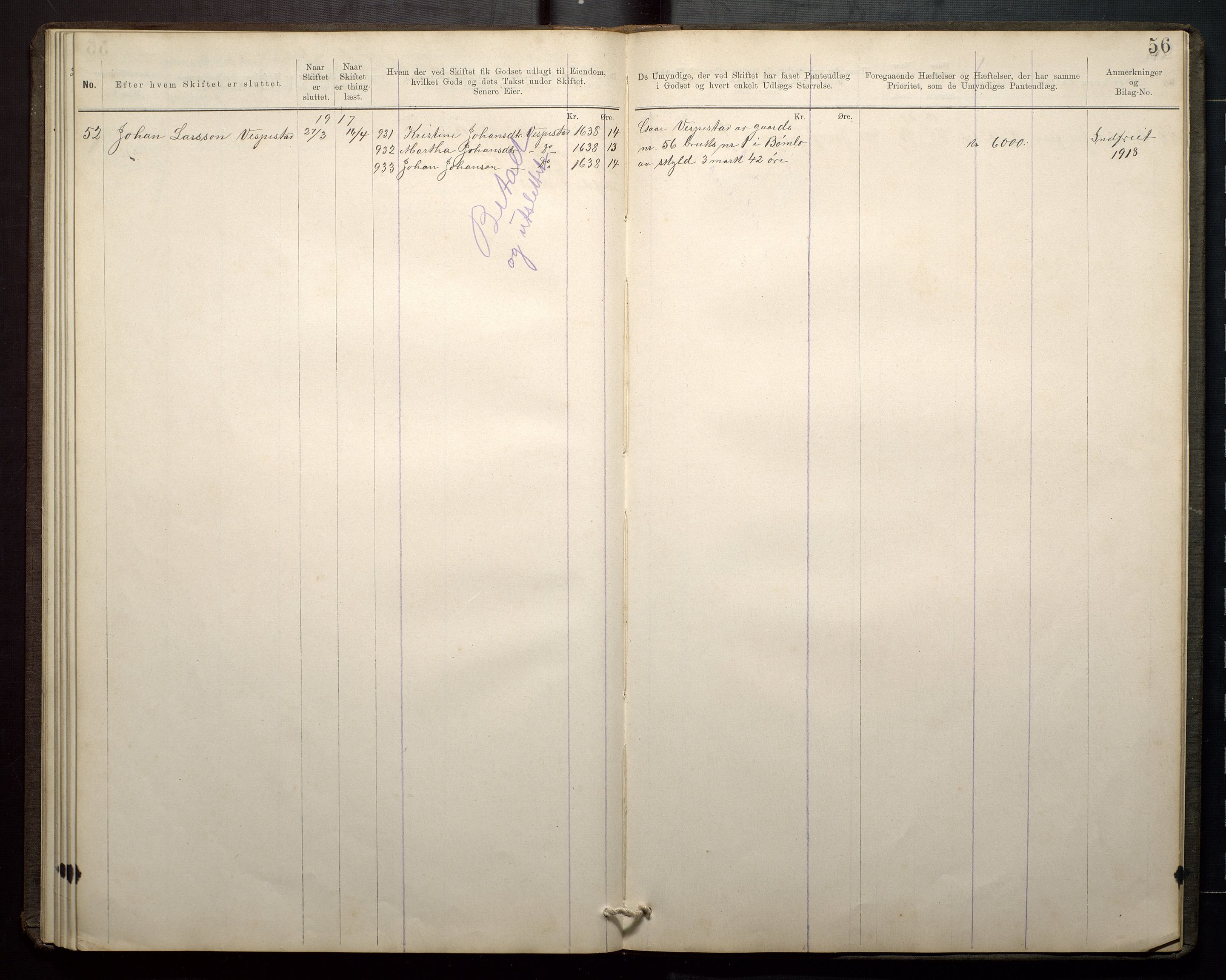 Finnaas kommune. Overformynderiet, IKAH/1218a-812/G/Ga/Gaa/L0001: Skifteutleggsprotokoll for Finnås overformynderi, 1877-1920, p. 56