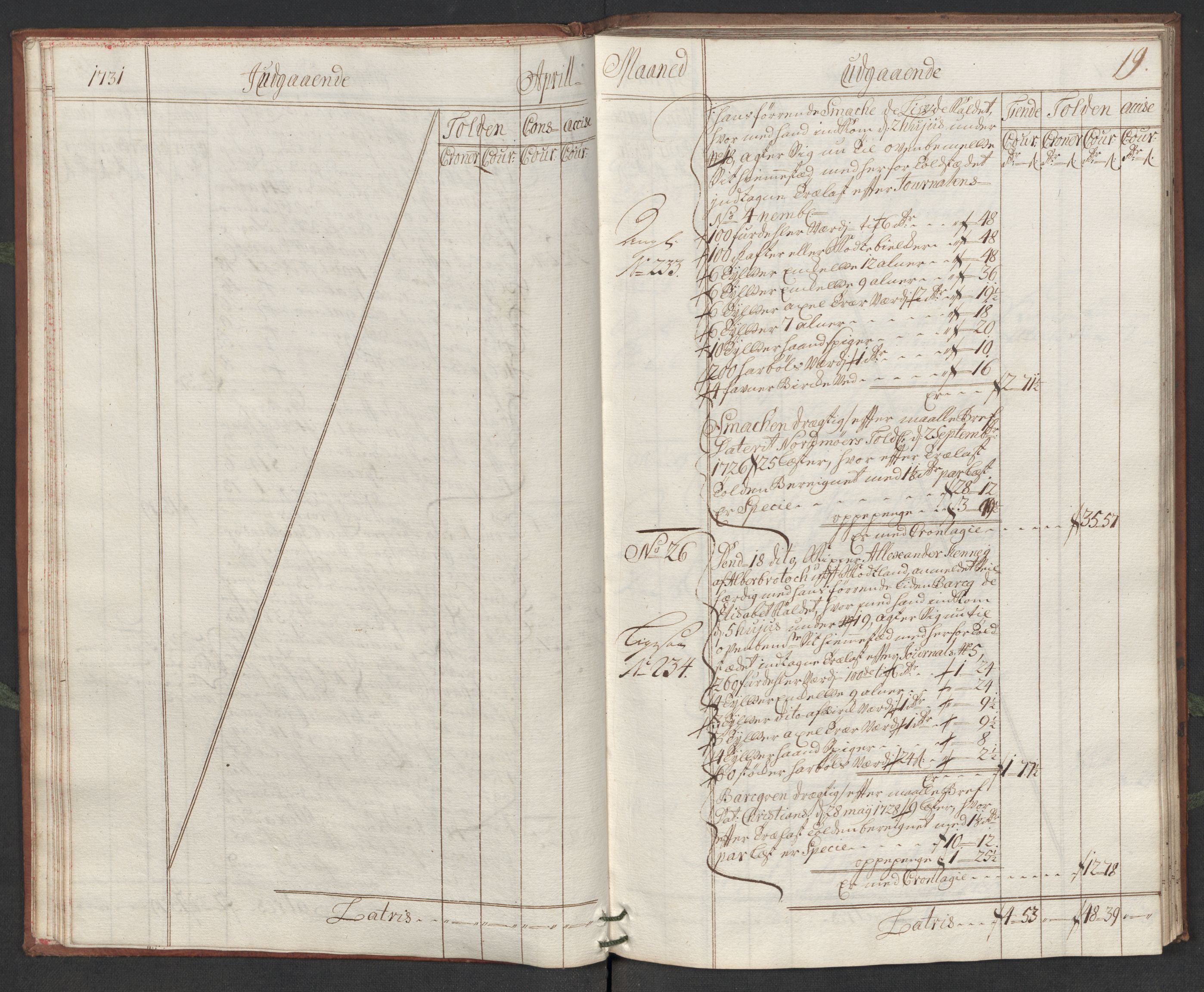 Generaltollkammeret, tollregnskaper, AV/RA-EA-5490/R19/L0006/0001: Tollregnskaper Flekkefjord / Hovedtollbok, 1731, p. 18b-19a