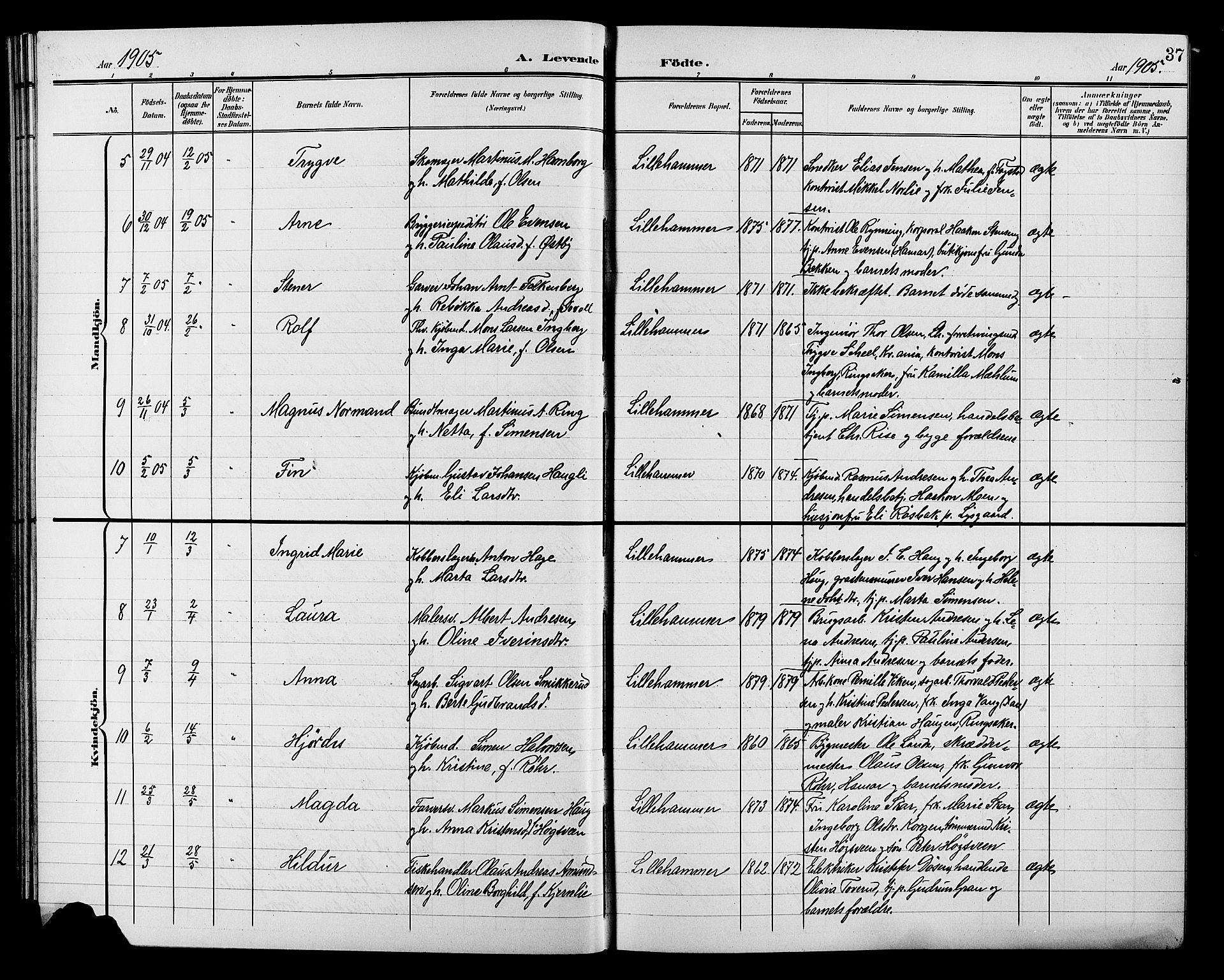 Lillehammer prestekontor, AV/SAH-PREST-088/H/Ha/Hab/L0001: Parish register (copy) no. 1, 1901-1913, p. 37