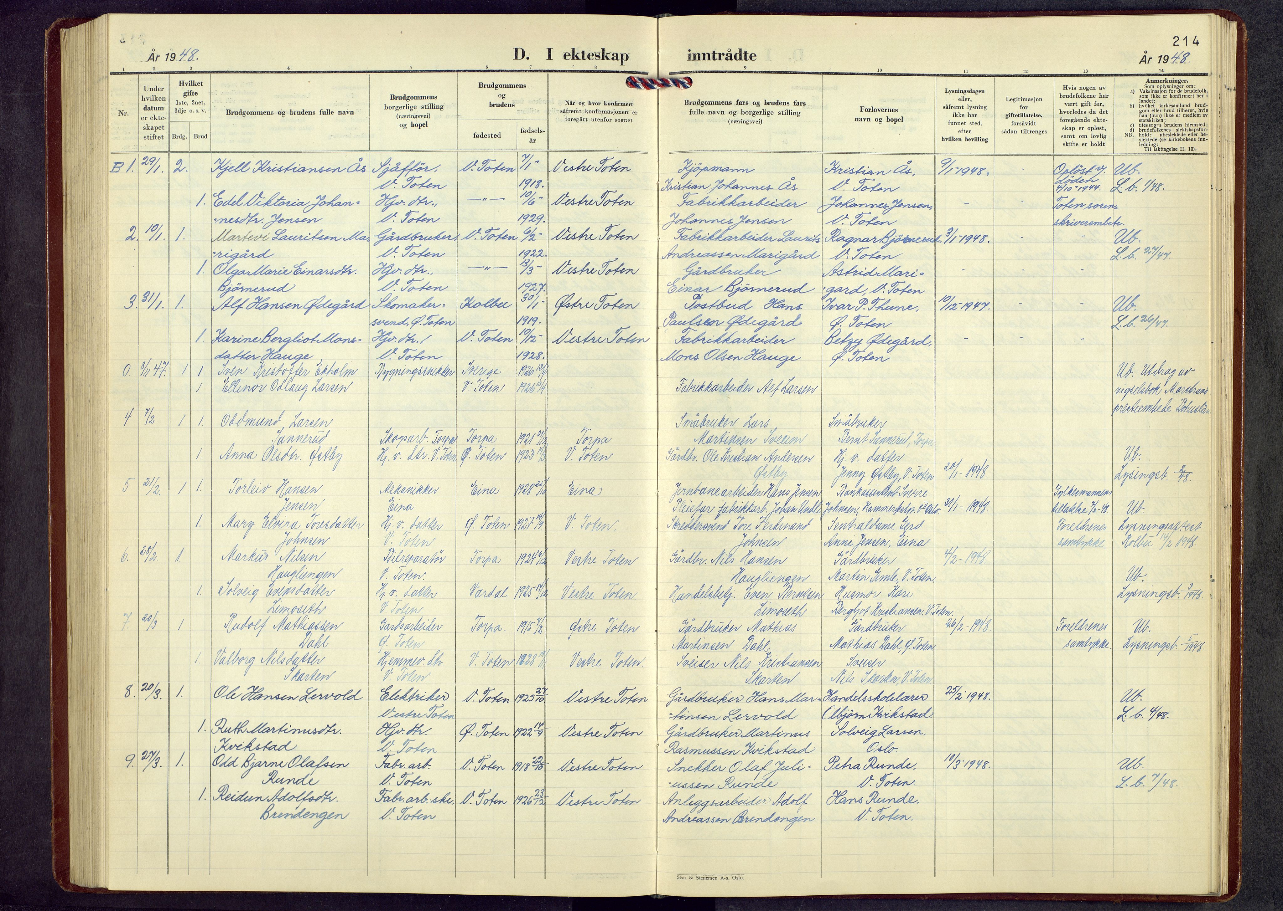 Vestre Toten prestekontor, AV/SAH-PREST-108/H/Ha/Hab/L0017: Parish register (copy) no. 17, 1947-1969, p. 214