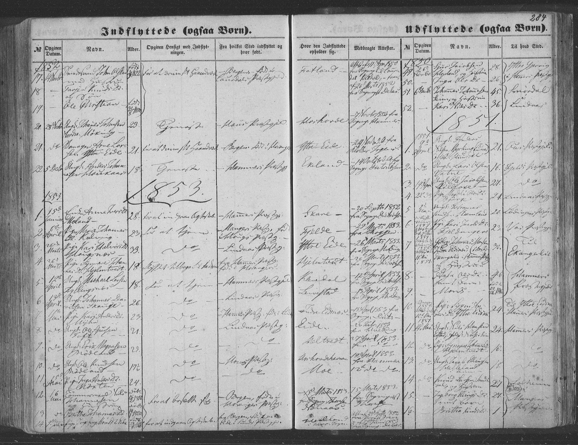 Hosanger sokneprestembete, SAB/A-75801/H/Haa: Parish register (official) no. A 8, 1849-1863, p. 284
