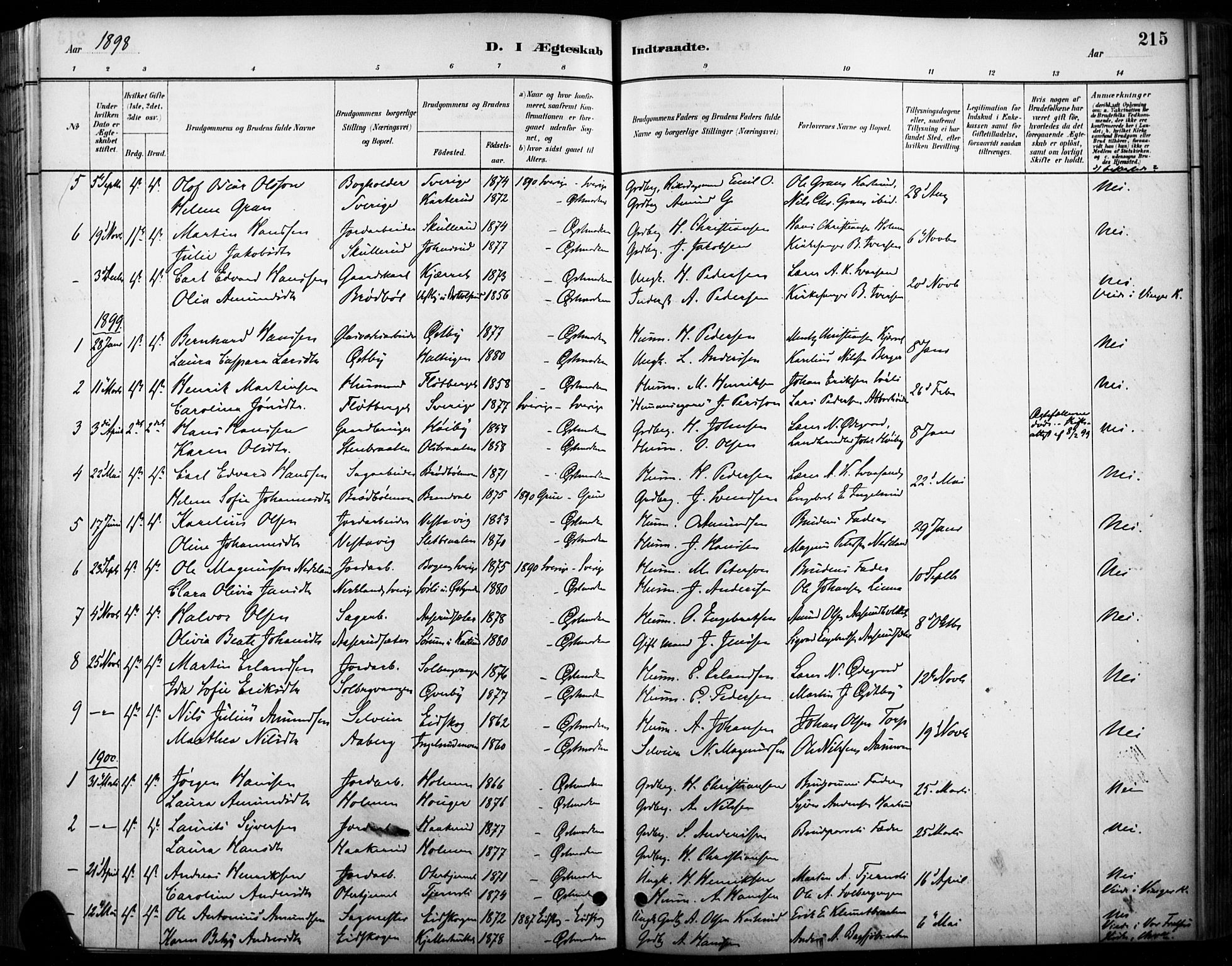 Vinger prestekontor, SAH/PREST-024/H/Ha/Haa/L0015: Parish register (official) no. 15, 1881-1900, p. 215